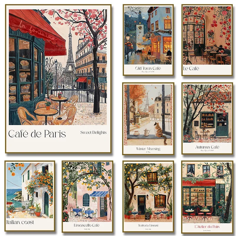 Italienisches Zitronen-Paris-Café, französisches Gebäck, Aquarell-Illustration, Poster, Leinwand, Malerei, Bäckerei, Vintage, französische Küche, Dekor Image