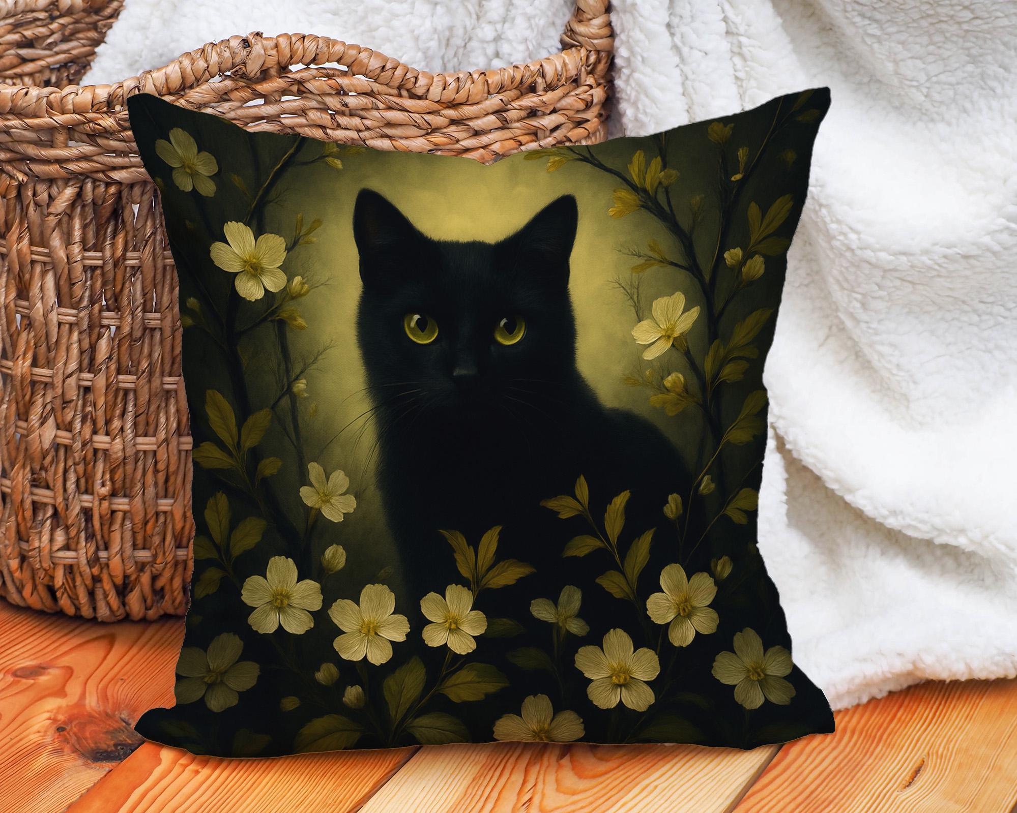 Cuscino decorativo Black Cat Dark Academia, federa per cuscino floreale gotico con occhi gialli e fiori vintage, arredamento per la casa Witchcore Cot