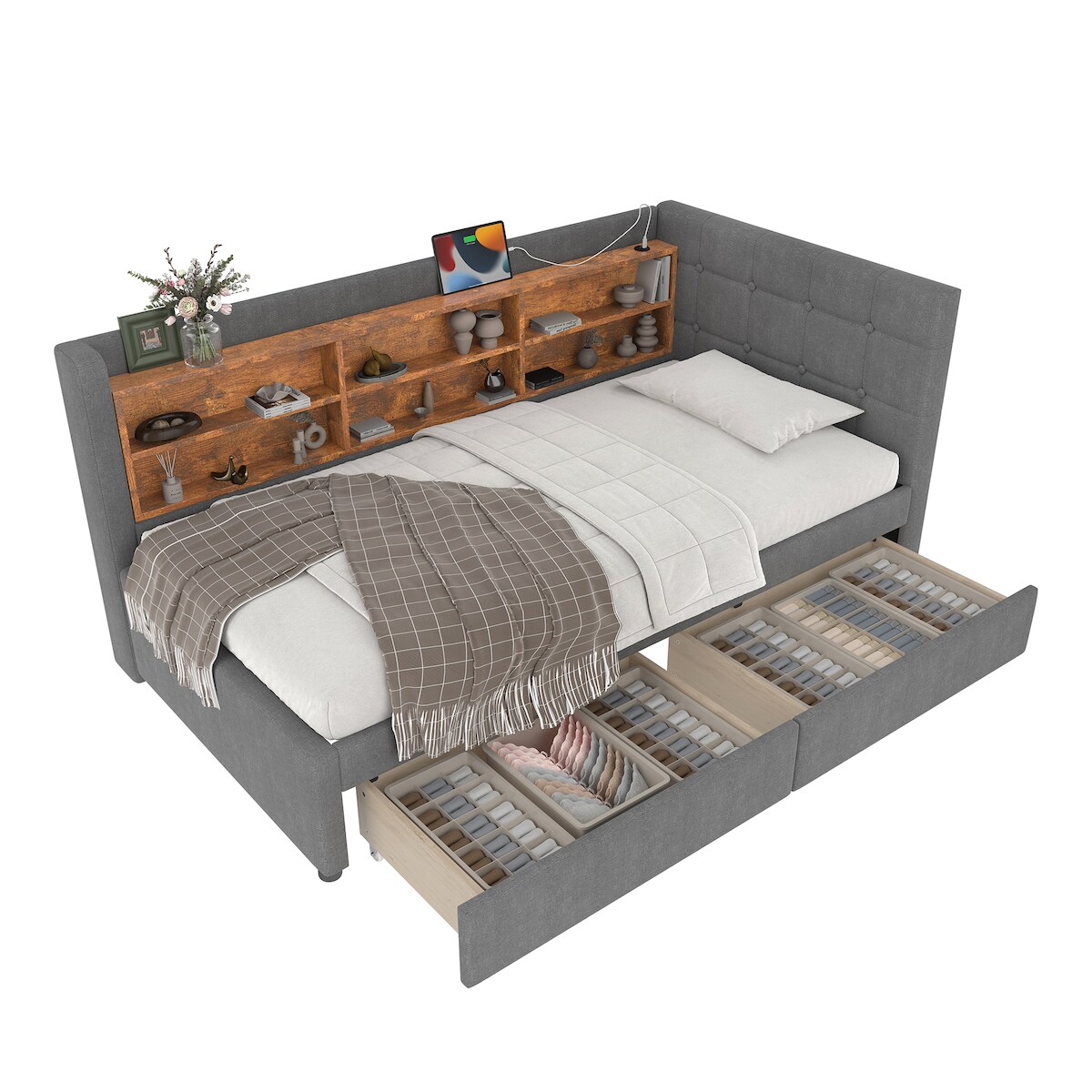 STILVORA Tagesbett 90x200 Leinen MDF mit 2 Schubladen USB Typ-C Ablagefächer Lattenrost Modern Schlafsofa Stauraum Komfort Grau Image