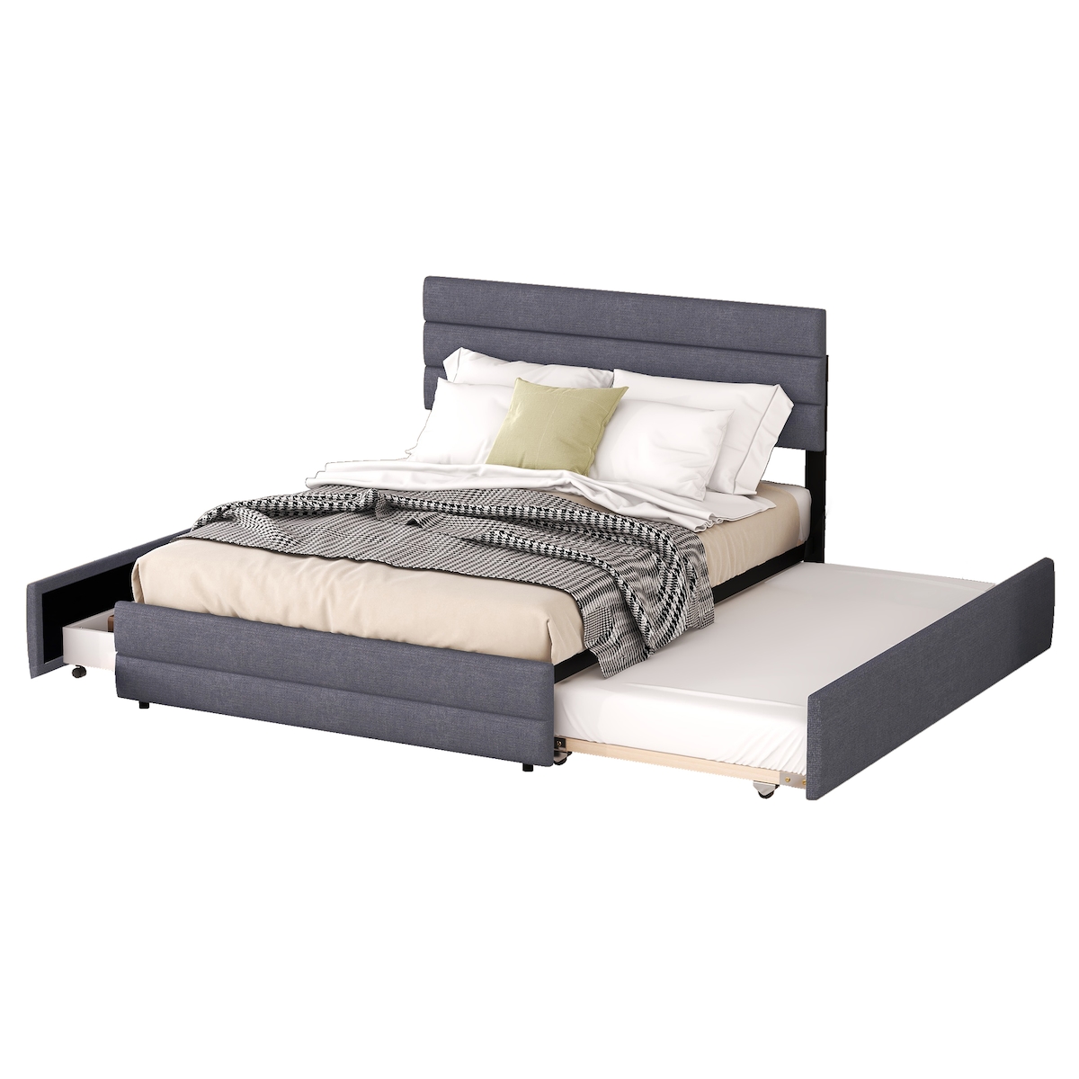 OKWISH Plattformbett 140x200 mit Stauraum, Polsterbett mit Leinenbezug, stabiler Holzrahmen, Bettgestell mit zwei Schubladen, verstellbares Kopfteil Grau Image