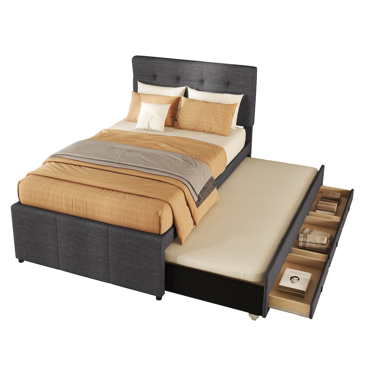 STILVORA Ausziehbares Polsterbett 90x200 mit Rollbett, 3 Schubladen, Stauraum, höhenverstellbares Kopfteil, Leinen Holz, modern, grau Image