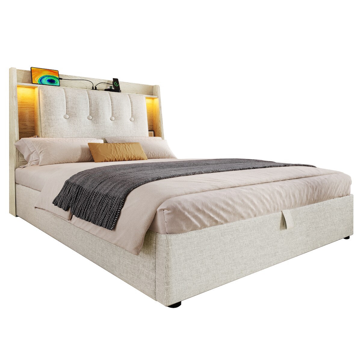 MODFU Polsterbett 90x200 mit USB Typ-C, Flip-Top-Aufbewahrung, hydraulischem Stauraum, Beige, MDF-Rahmen mit Leinenbezug Image
