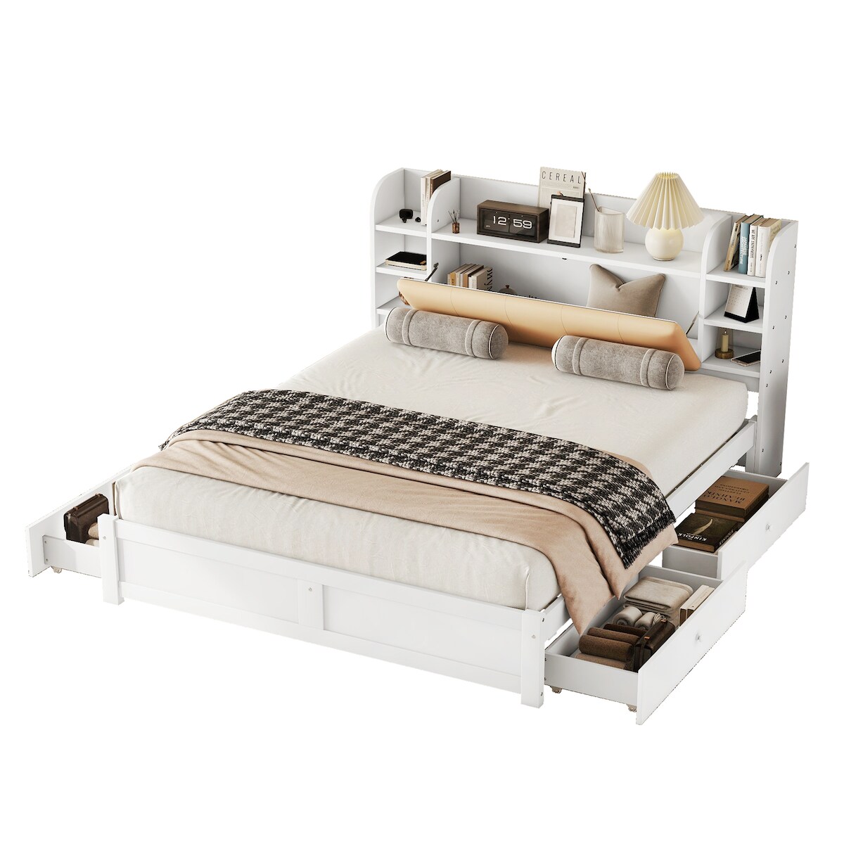 OKWISH Flachbett 180x200 aus Kiefernholz mit Stauraum, Bettgestell mit vier Schubladen und Nachttisch, massives Holz, modernes Doppelbett Weiß Image