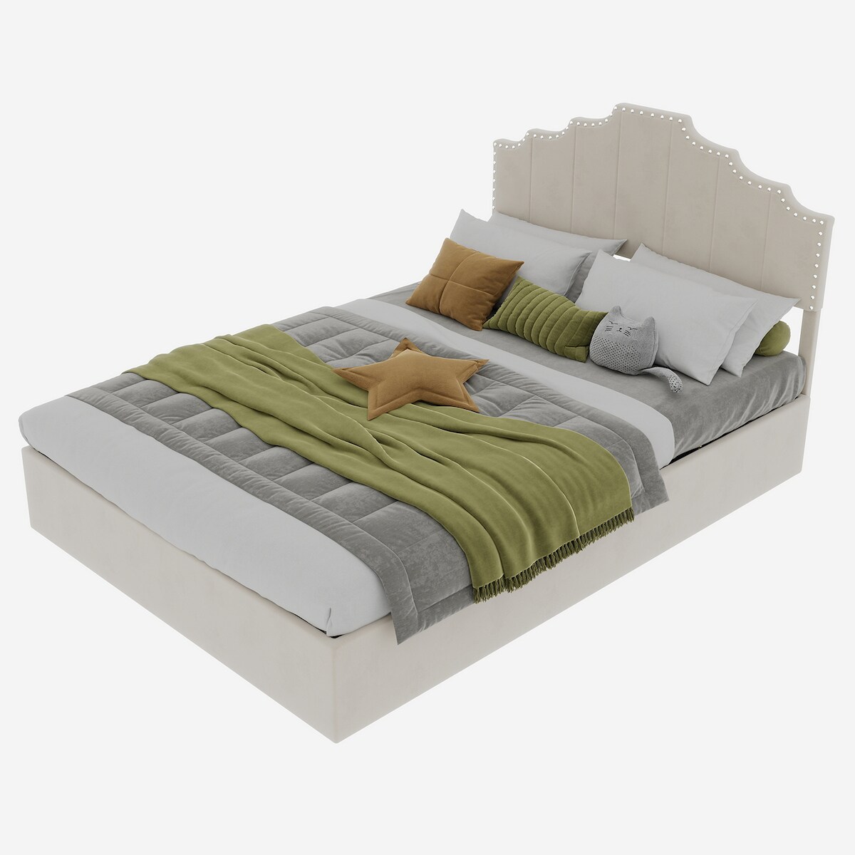 OKWISH Polsterbett Doppelbett Stoffbett mit Hollandwollstoff modernes Bettgestell stabiles Rippenbett Komfortbett Schlafzimmer Design 140x200 Beige Image