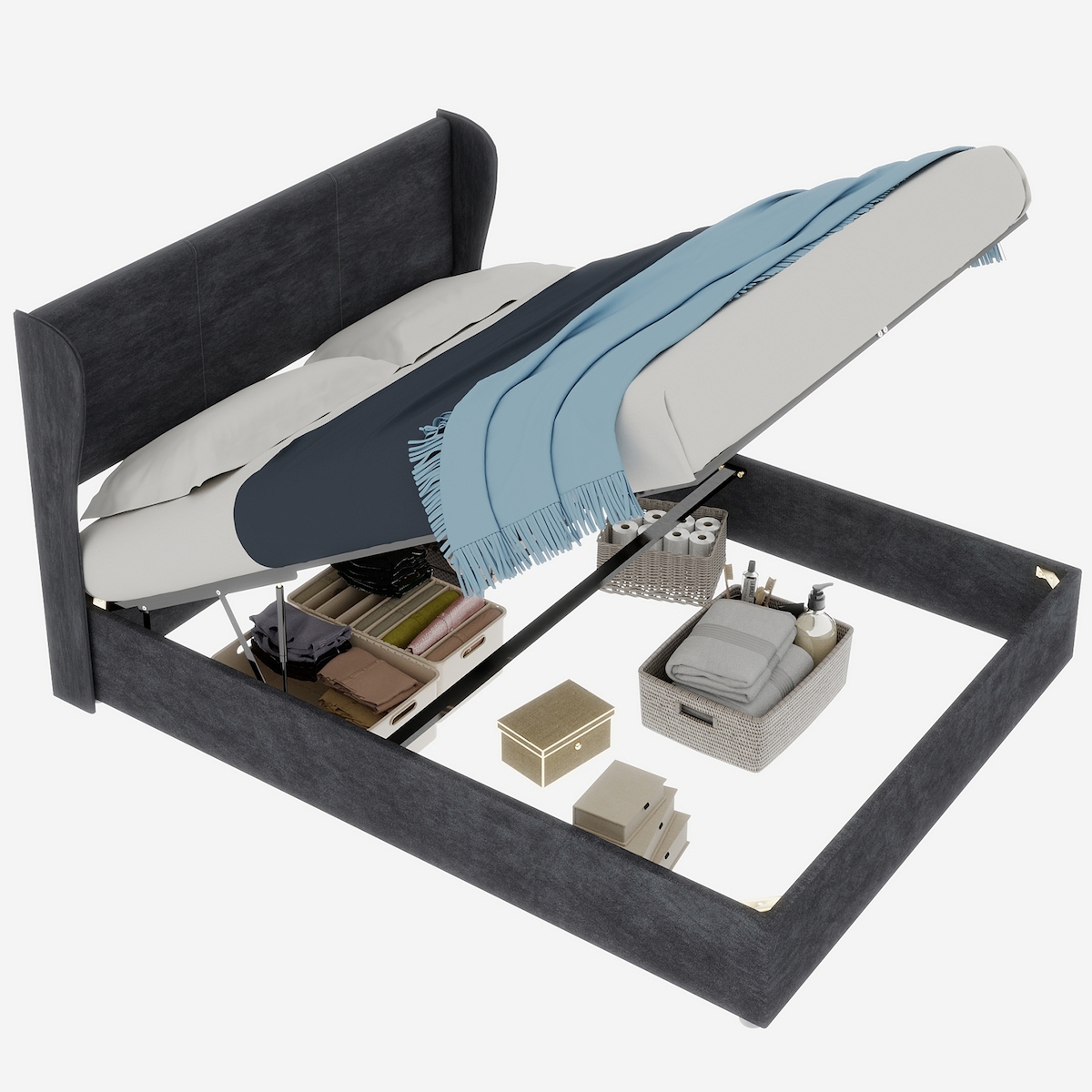 MODFU Polsterbett 140x200 cm, gepolstertes Komfort-Kopfteil, Gaslift-Stauraum, stabiler Rahmen, Hollandwollstoff, Grau Image