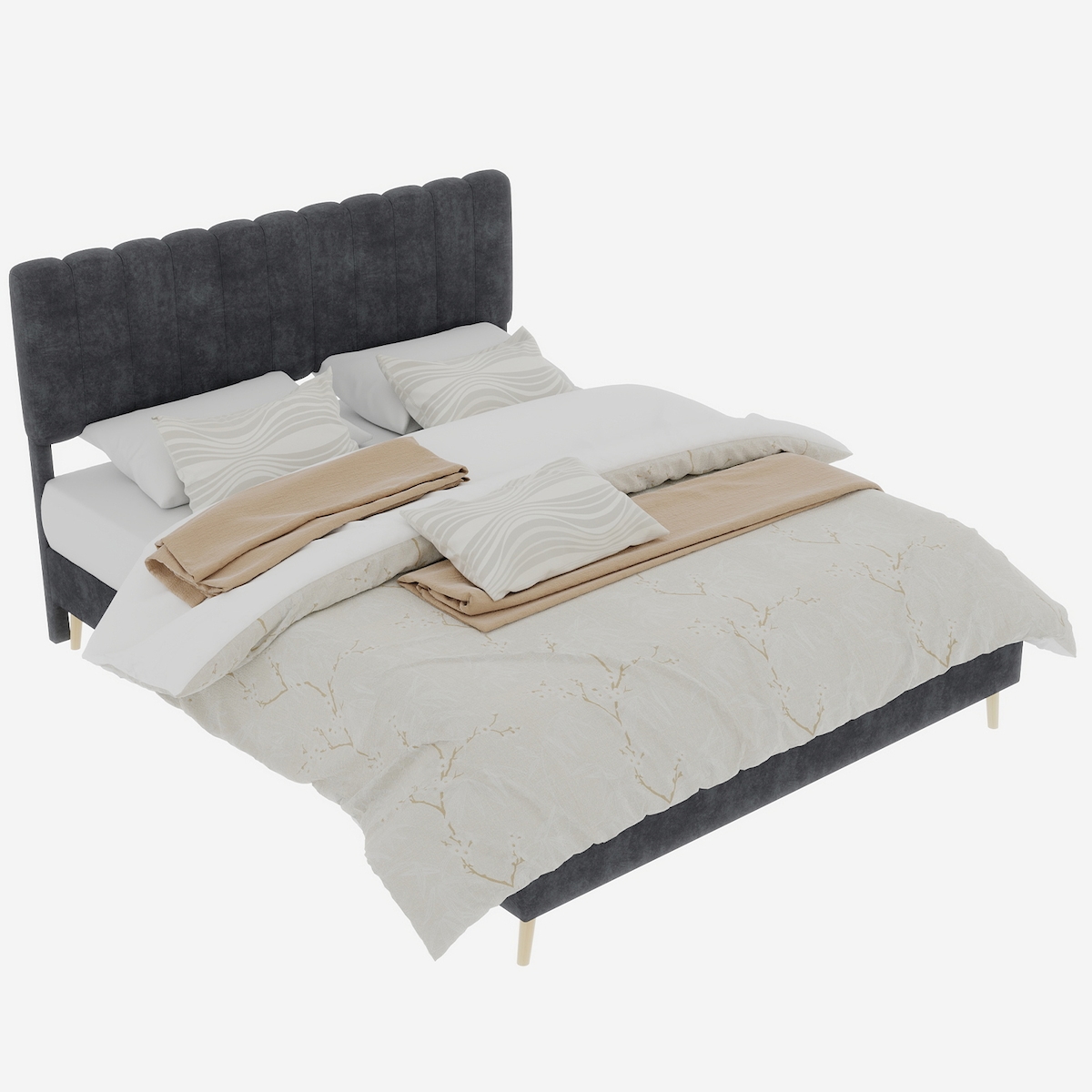 OKWISH Polsterbett Doppelbett Samtbett mit niedrigem Profil Bettgestell Lattenrost modernes Design Komfortbett Schlafzimmer 140x200 Grau Image