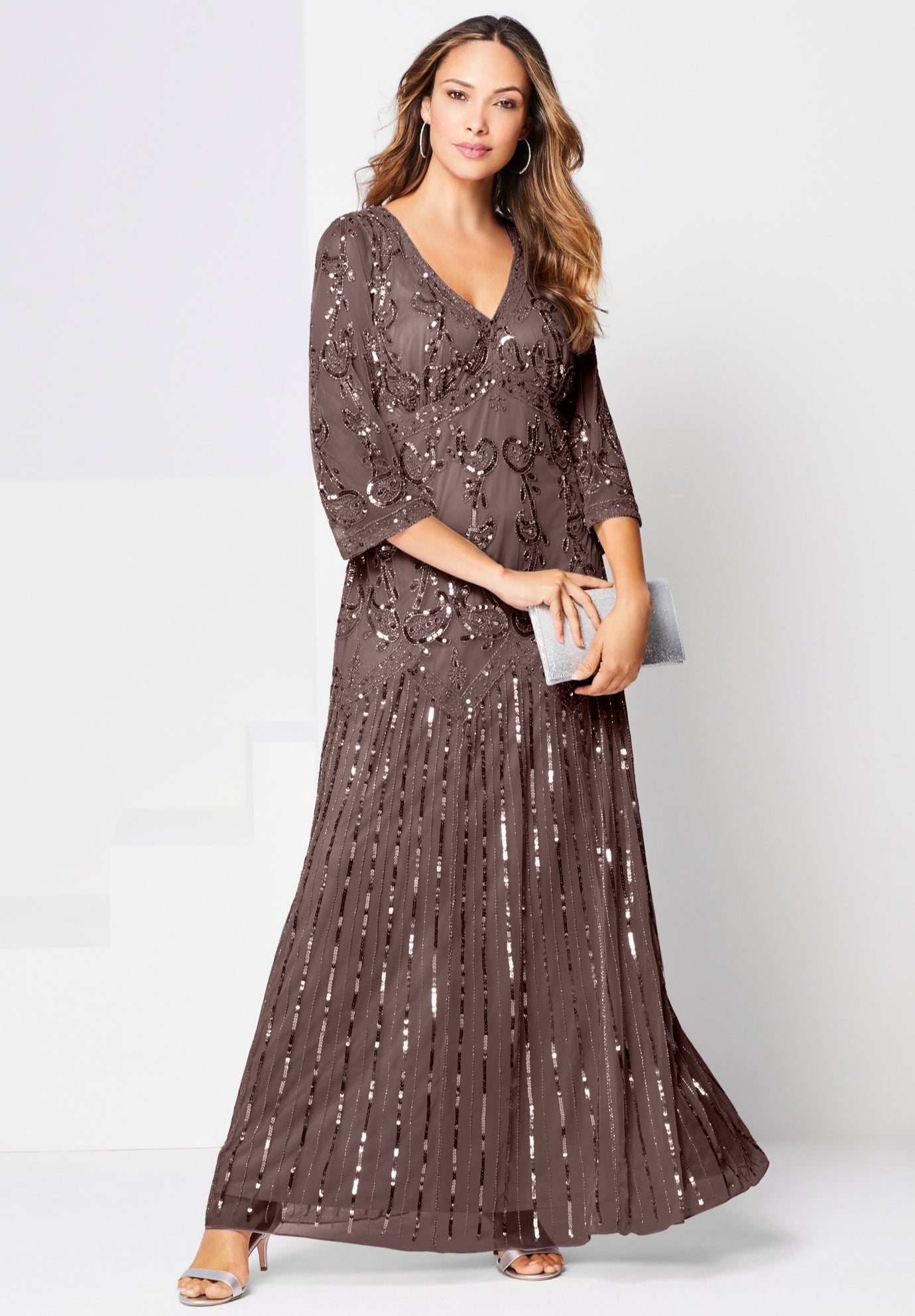 Plus Size Women's Plus Size Beaded V-Neck 3/4 Sleeve Sleeve Maxi Gown by Roaman's in Deep Taupe (Size 42 W) Formal Evening