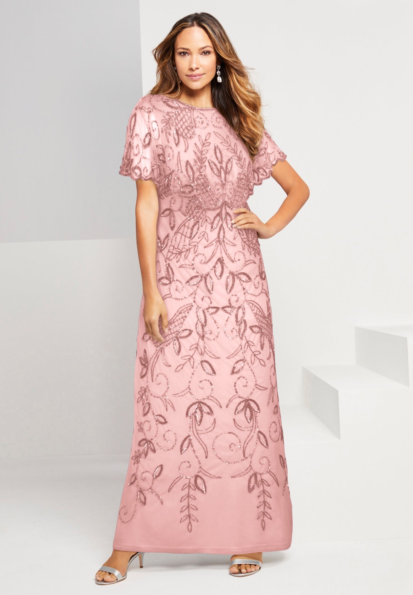 Plus Size Women's Plus Size Beaded Capelet Maxi Gown - Glam Evening Dress by Roaman's in Soft Blush (Size 44 W) Beaded Formal Evening Capelet Gown