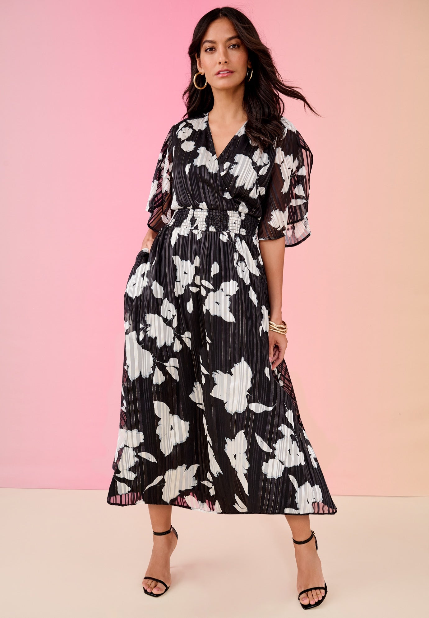 Plus Size Women's Striped Lurex Maxi Dress by Roaman's in Black Silhouette Floral (Size 16 W)