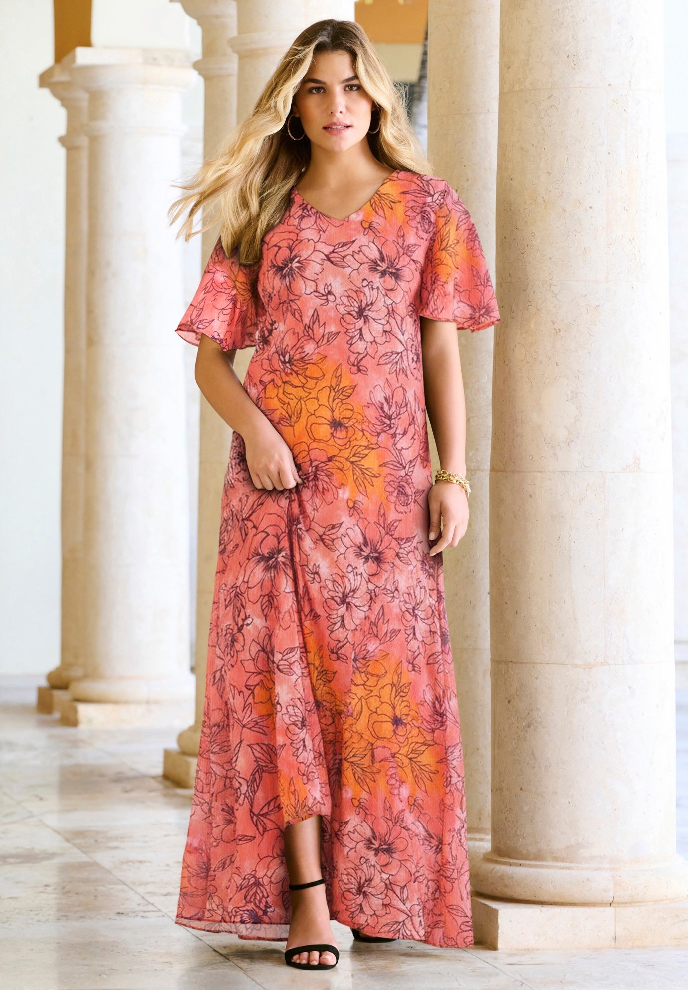 Plus Size Women's Plus Size Hand Crinkled Flutter-Sleeve Maxi Dress by Roaman's in Coral Tie Dye Floral (Size 30/32)