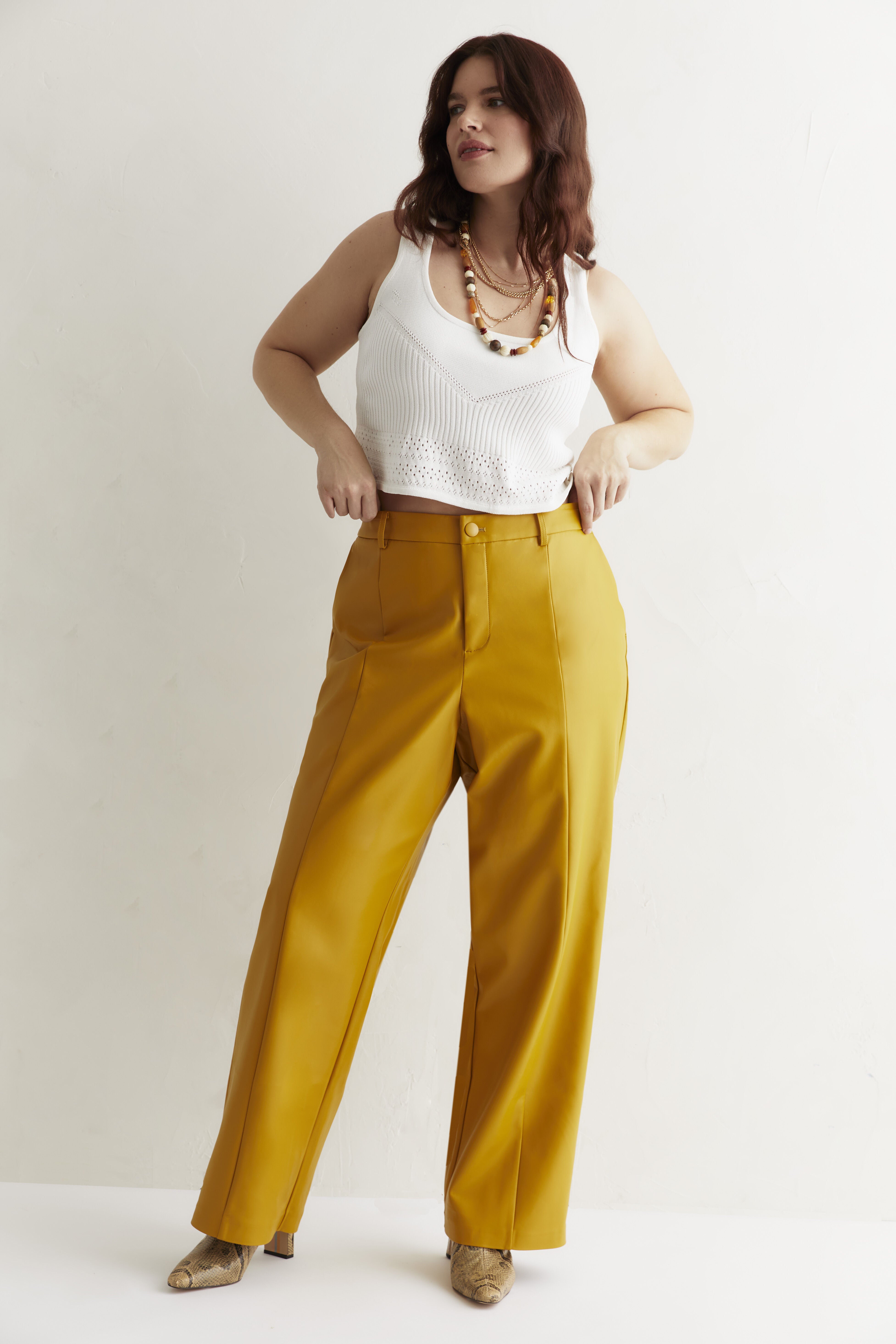 Plus Size Women's High Waisted Faux Leather Pant by June & Vie in Gold Flake (Size 26 W)