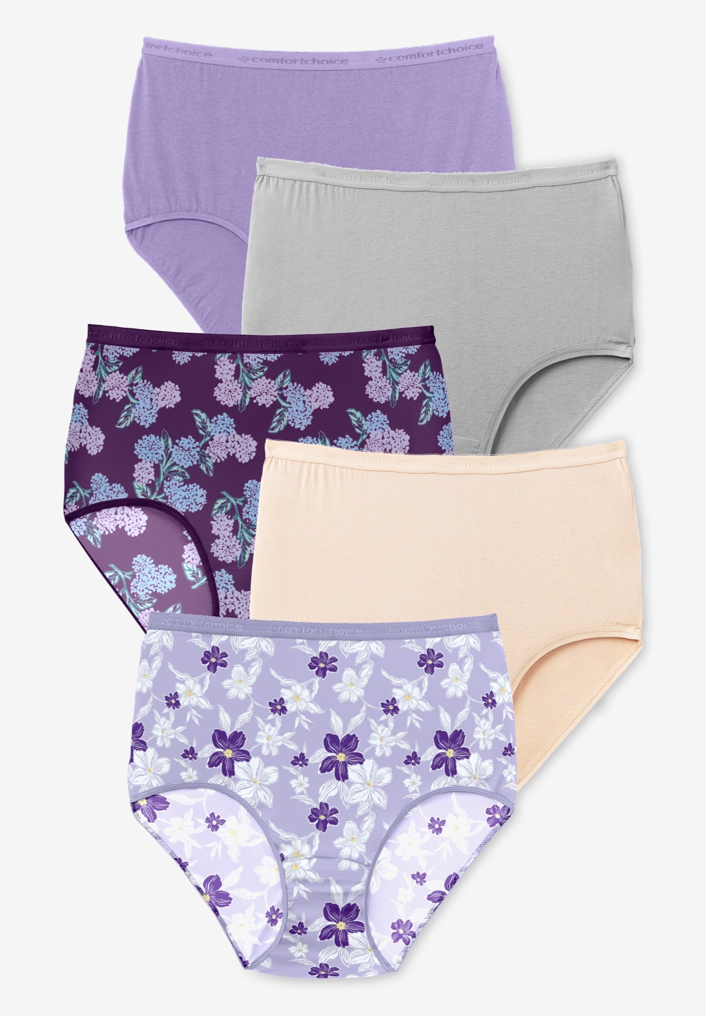 Plus Size Women's Cotton Brief 5-Pack by Comfort Choice in Purple Floral Pack (Size 12) Underwear
