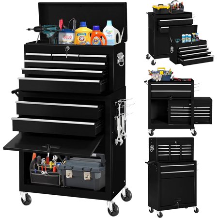 Bonusall 8-Drawer Rolling Tool Chest and Cabinet Combo Heavy-Duty Metal Garage Tool Chest with Wheels 2-in-1 Top Chest and Roller Cabinet Combo for Garage Workshop Warehouse Black