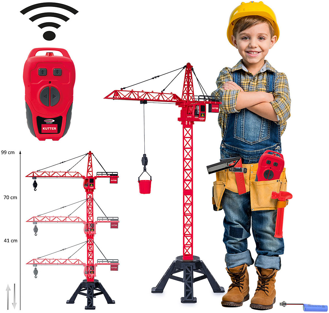 RC-Kran JAMARA "Turmdrehkran Kutter XL 99 IR", rot, Fernlenkfahrzeuge, KinderB:32,5cm H:99cm T:61,5cm, Kunststoff, LED Licht im Dach, B:32,5cm H:99cm T:61,5cm