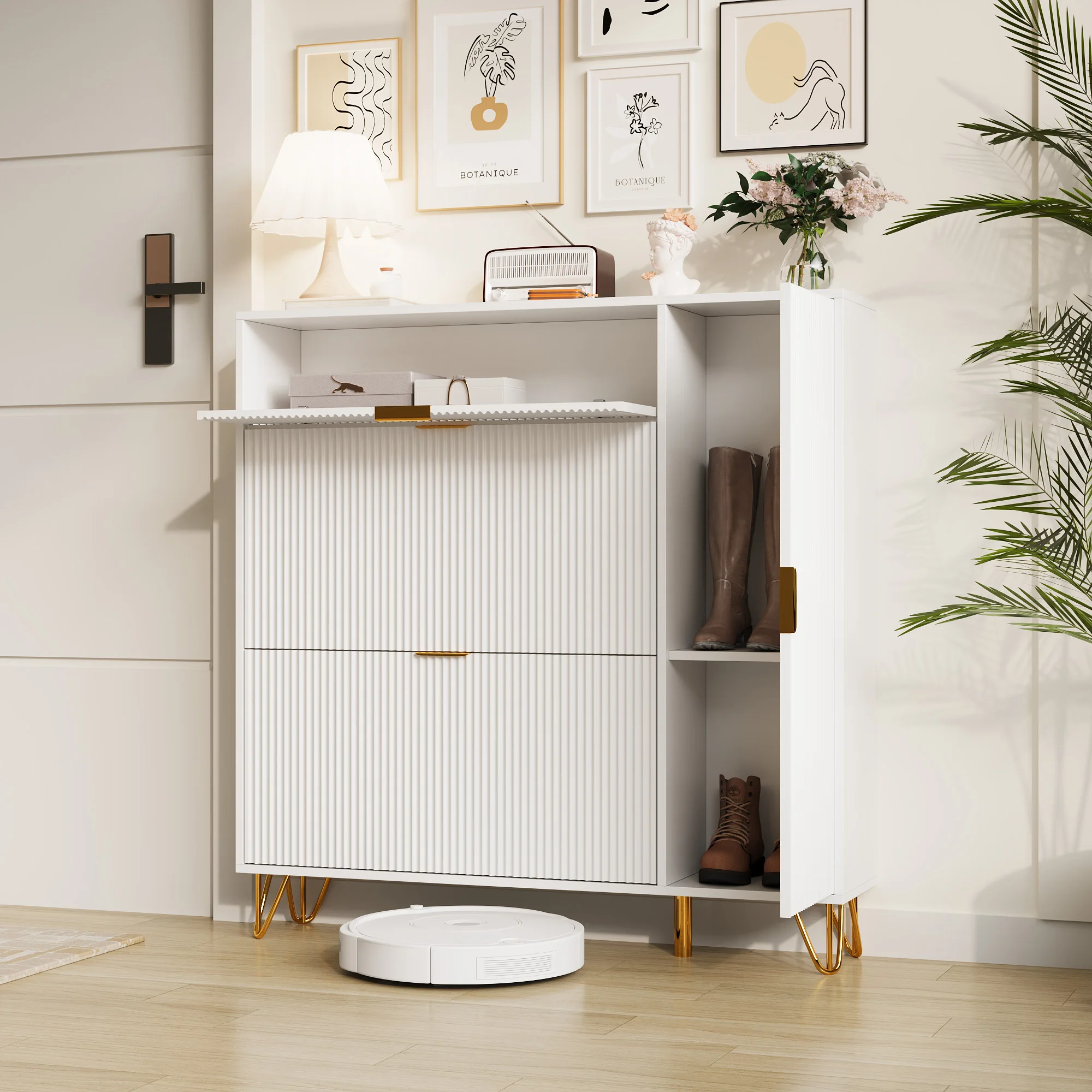 Weißer, geriffelter Schuhschrank mit 2 Klappschubladen und 2 Türen, moderner Eingangsbereich-Schrank mit goldenen Griffen und Beinen, schmaler Schuhorganizer für Wohnzimmer, Flur und Schlafzimmer