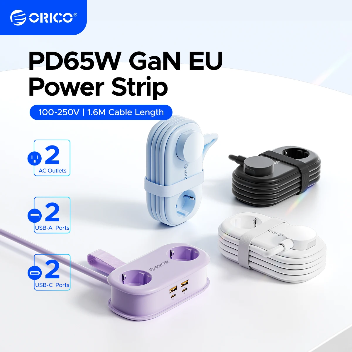 ORICO – multiprise de voyage Portable 65W GaN, Station de charge rapide avec 2 prises ca, 2 USB 2 type-c, adaptateur de prise ue pour la maison