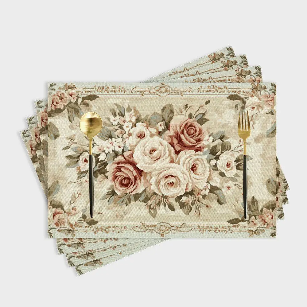 1 Stück Shabby Chic Blumen-Tischsets, elegantes Rosen-Design, für Geburtstag, Weihnachten, Buffets, Heimdekoration Image