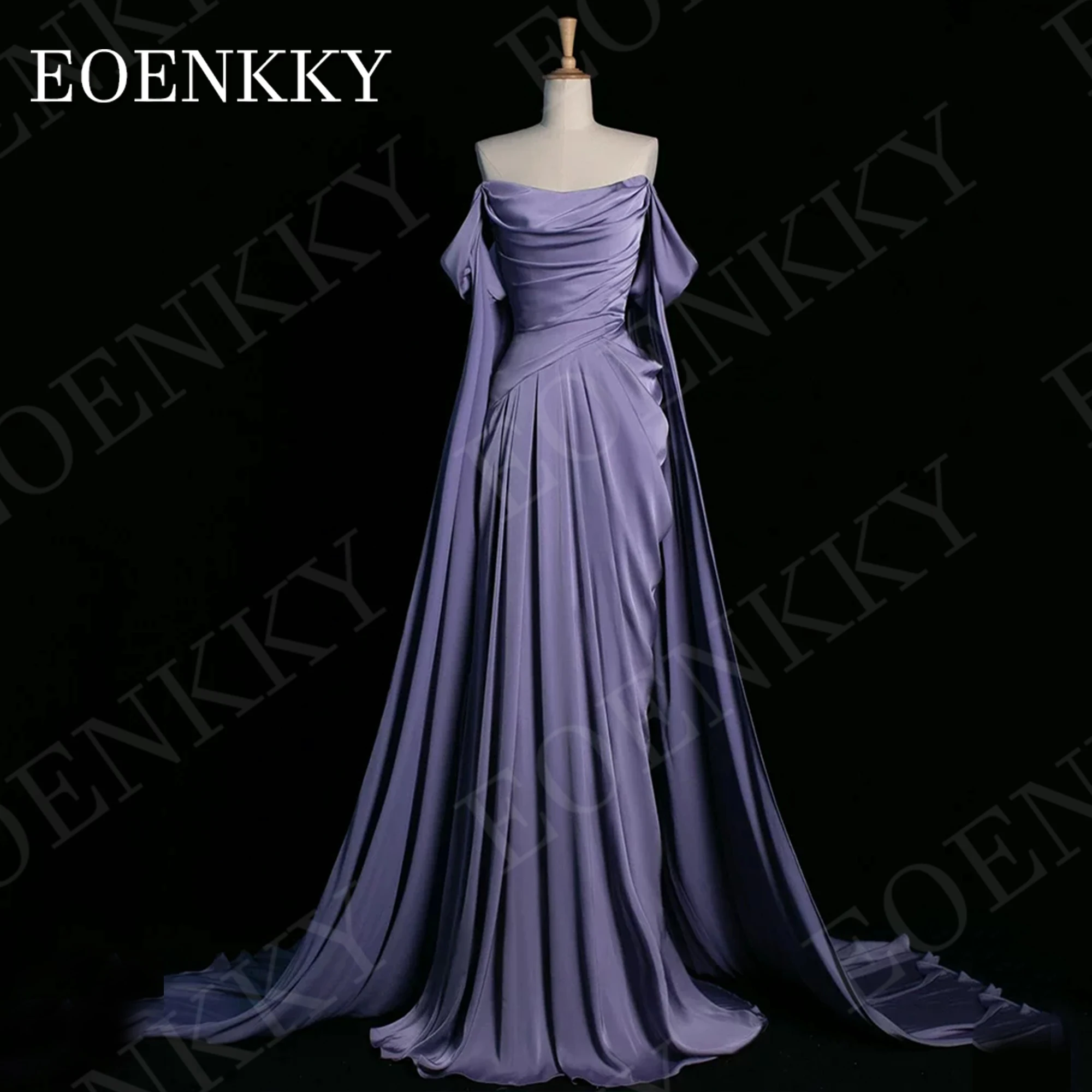 EOENKKY Abendkleid schulterfrei für den Abschlussball lila elegant A-Linie Satin Falten formelle Partykleider mit Schalärmeln individuell gestaltet Abendkleid Off Shoulder Prom Lila Elegant A Line