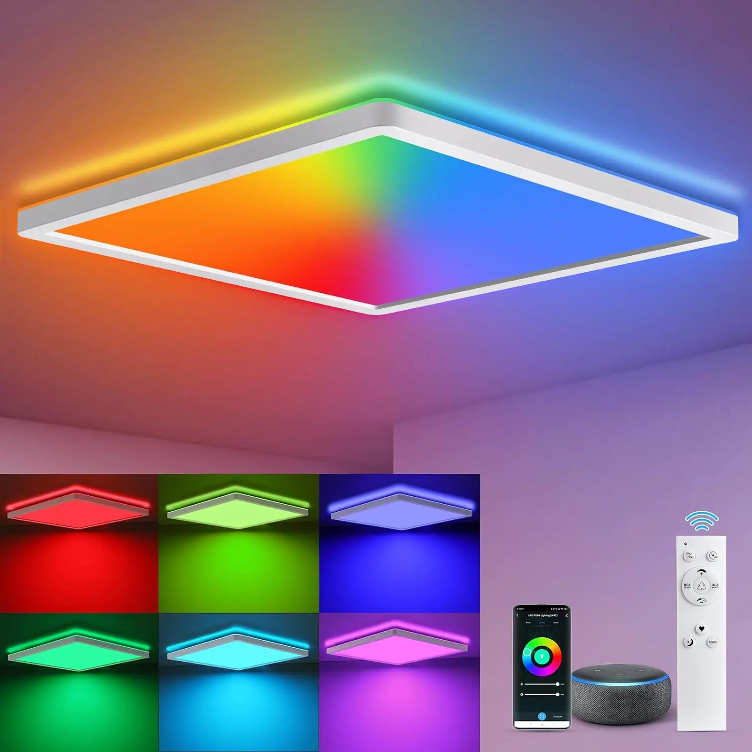 LED-Deckenleuchte, dimmbar, 24 W RGB-Farbwechsel-Badezimmerleuchte mit Fernbedienung, 30 cm quadratische, bündige Deckenleuchte