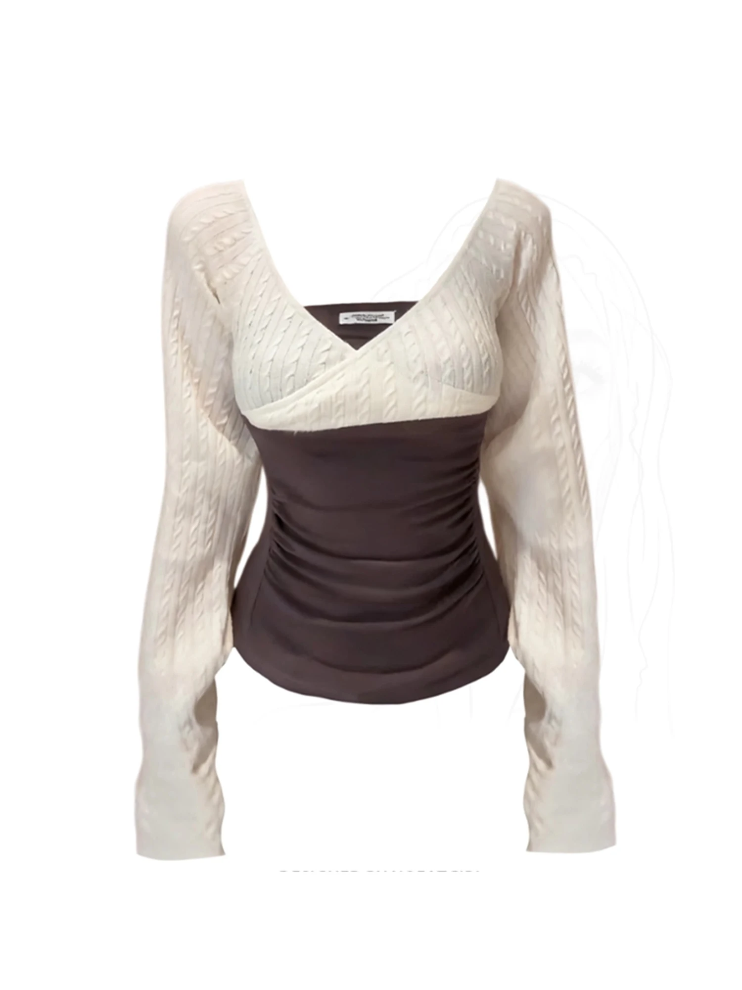 Women Beige Slash Neck T-shirt Y2k Gyaru Tee Top Vintage Aesthetic Long Sleeve Patchwork Knit T-shirts 2000s Clothes Autum 2025