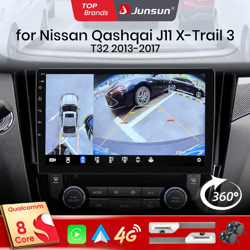 Junsun Qualcomm 8-Core 360 ° Autoradio con Telecamera Panoramica Wireless CarPlay Android Auto per Nissan Qashqai J11 X-Trail 3 2013-2017, Navigazione GPS, SWC, Bluetooth, FM, RDS, DSP, Schermo IPS,