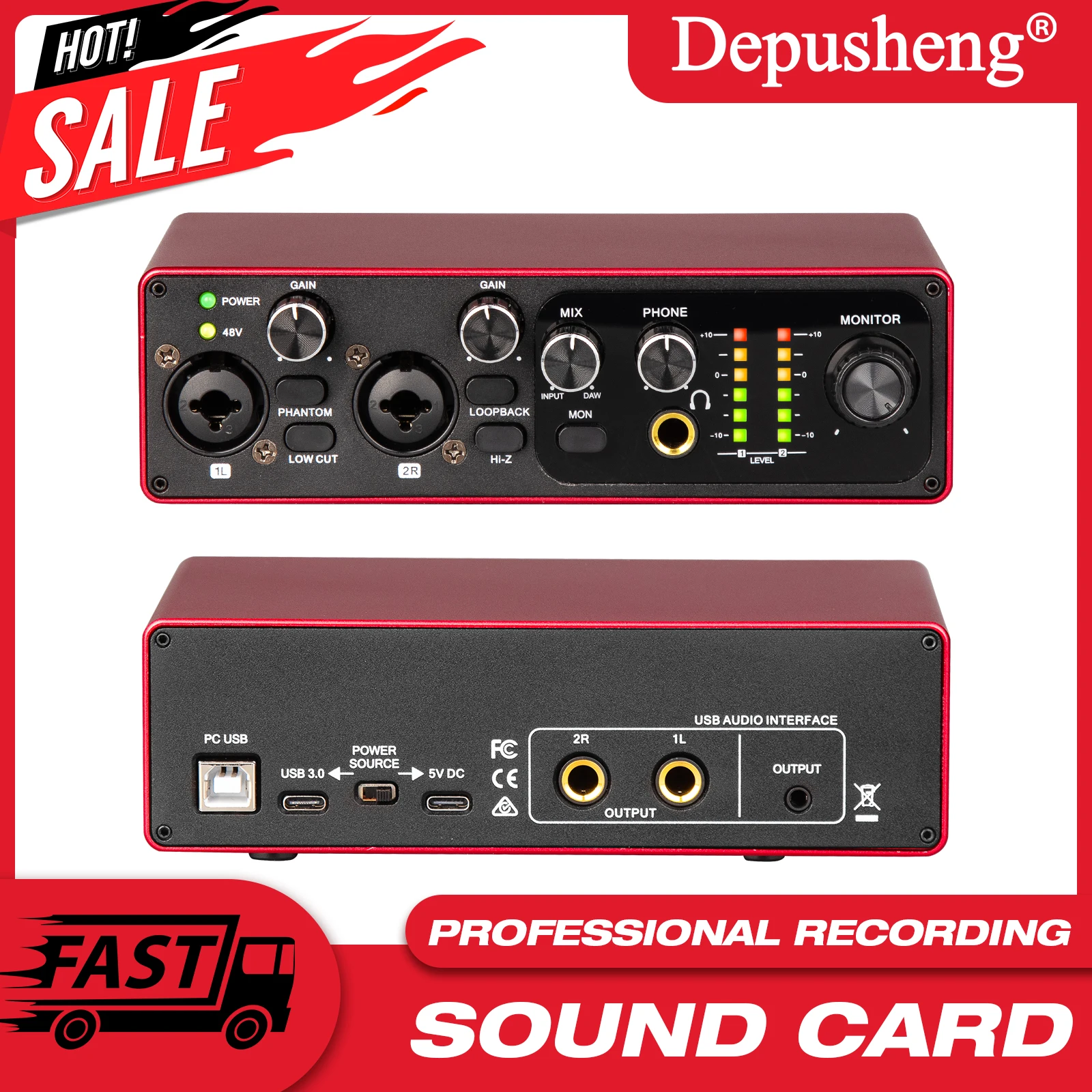 Professionelle Audio Interface Tragbare USB Soundkarte Mixer Für 48V Mikrofon Musikinstrument Aufnahme Image