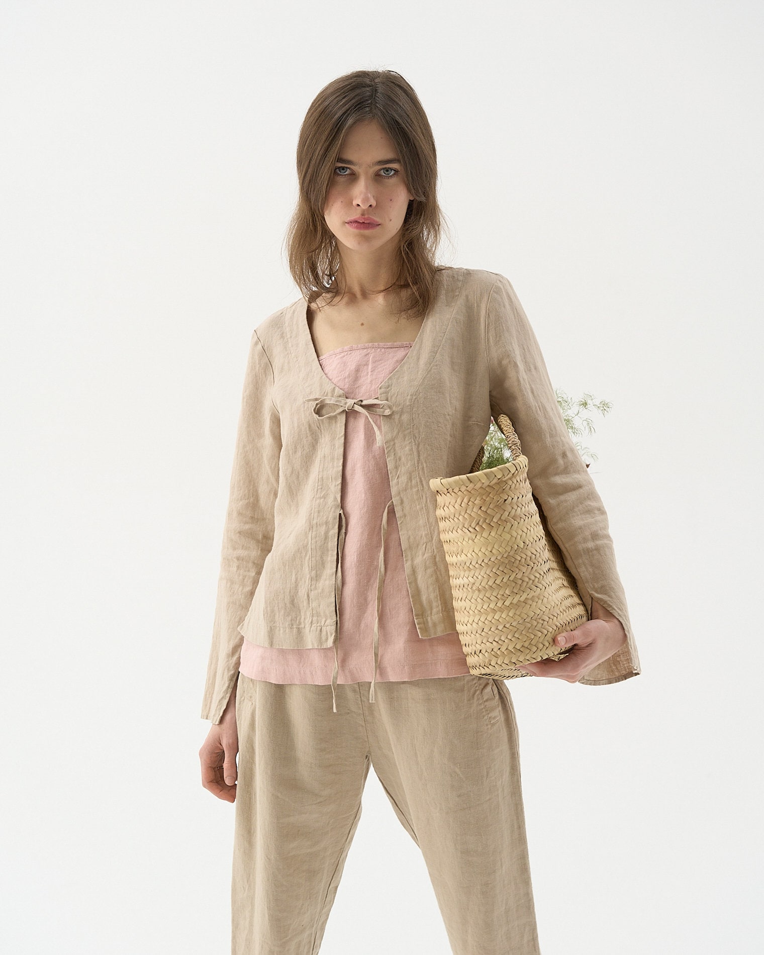 Taglie: XS/S; S. Pronto per la spedizione Cardigan in lino con lacci, giacca in lino da donna, leggera camicia, top in lino con lacci sul davanti VIOL