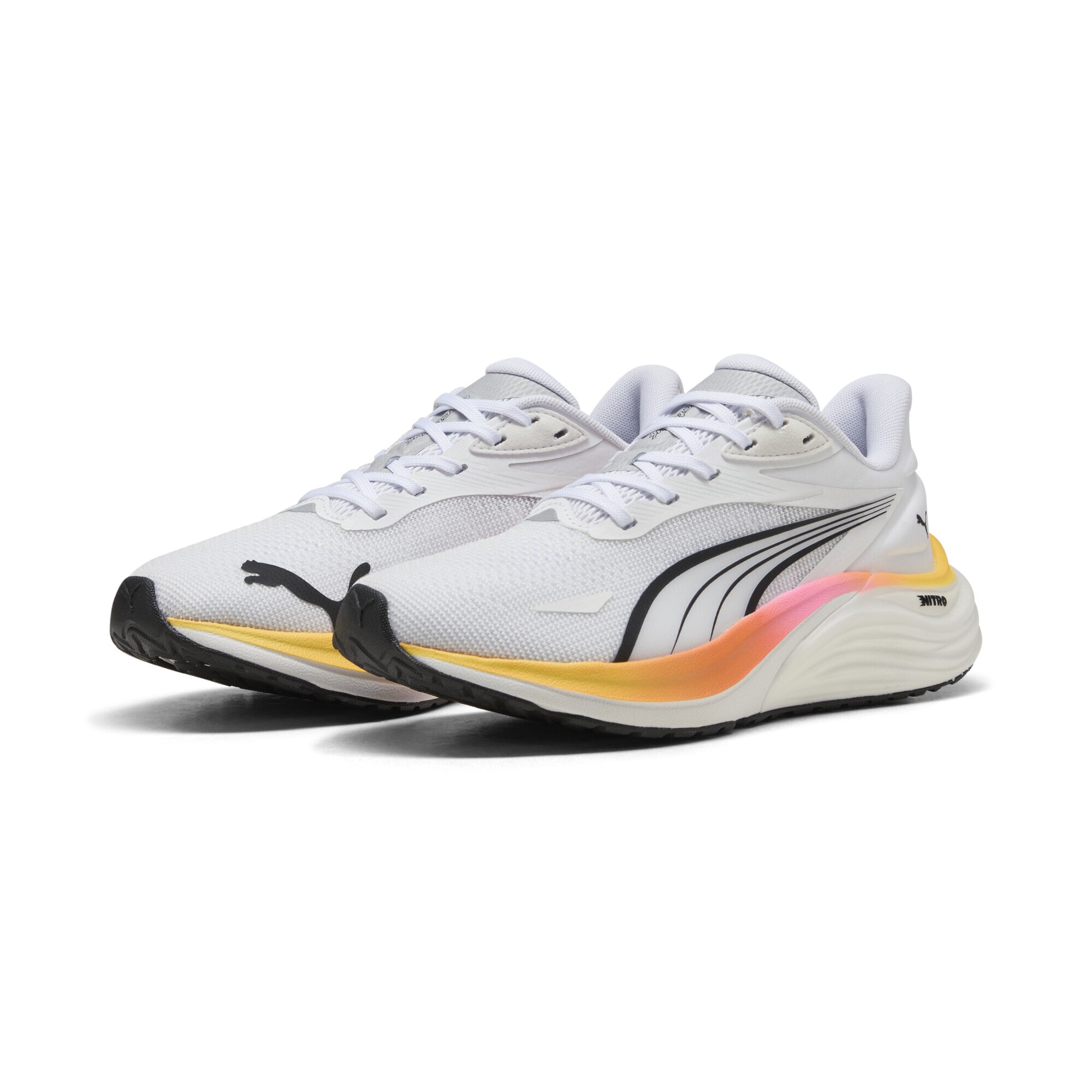 Trainingsschuh PUMA "Electrify NITRO™ 4 Laufschuhe Damen", Damen, Gr. 37, weiß sun stream poison pink orange, Obermaterial: Synthetik, Textil; Futter: Textil; Innensohle: Textil; Laufsohle: Synthetik, Gummi, Schuhe
