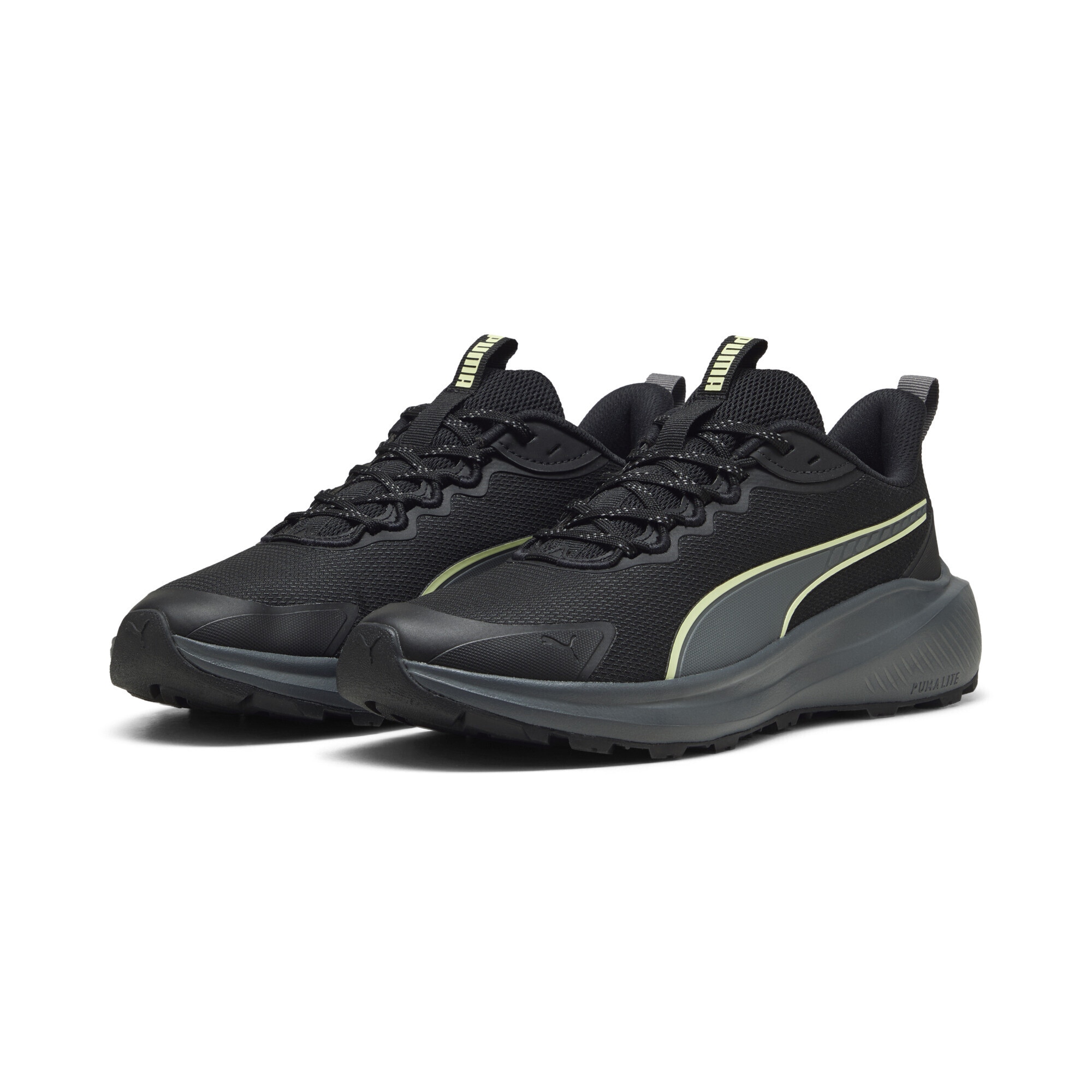 Trainingsschuh PUMA "Skyrocket Lite Trail Laufschuhe Erwachsene", Damen, Gr. 45, schwarz cool schwarz gray apple spritz grün, Obermaterial: Textil, Synthetik; Futter: Textil; Innensohle: Textil; Laufsohle: Gummi, Synthetik, Schuhe