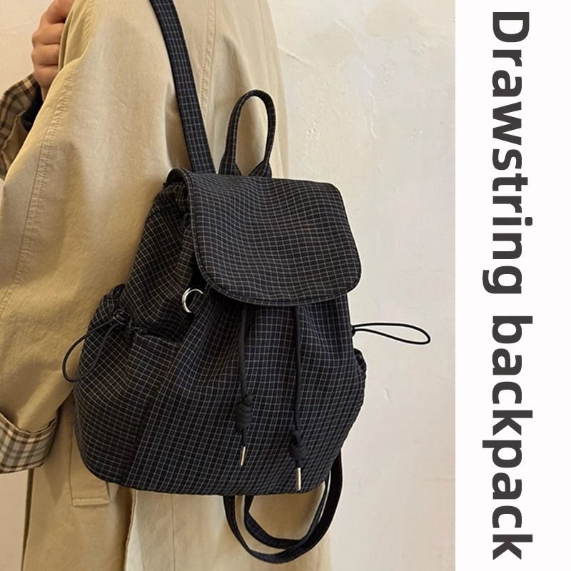Lightweight Checkered Nylon Drawstring Backpack blue