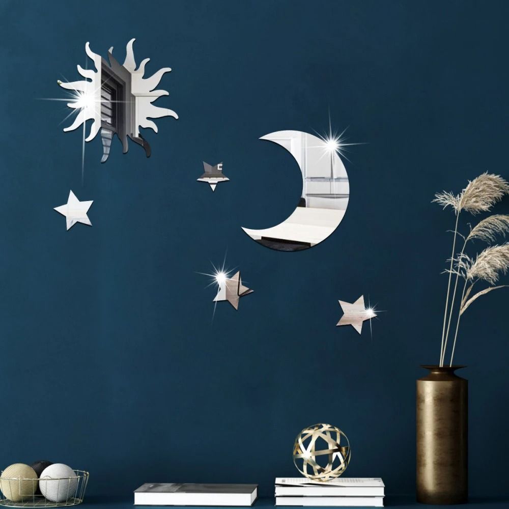 Star And Moon Mirror Wall Stickers Set Acrylic Self Adhesive Removable Decor 6 Pieces black