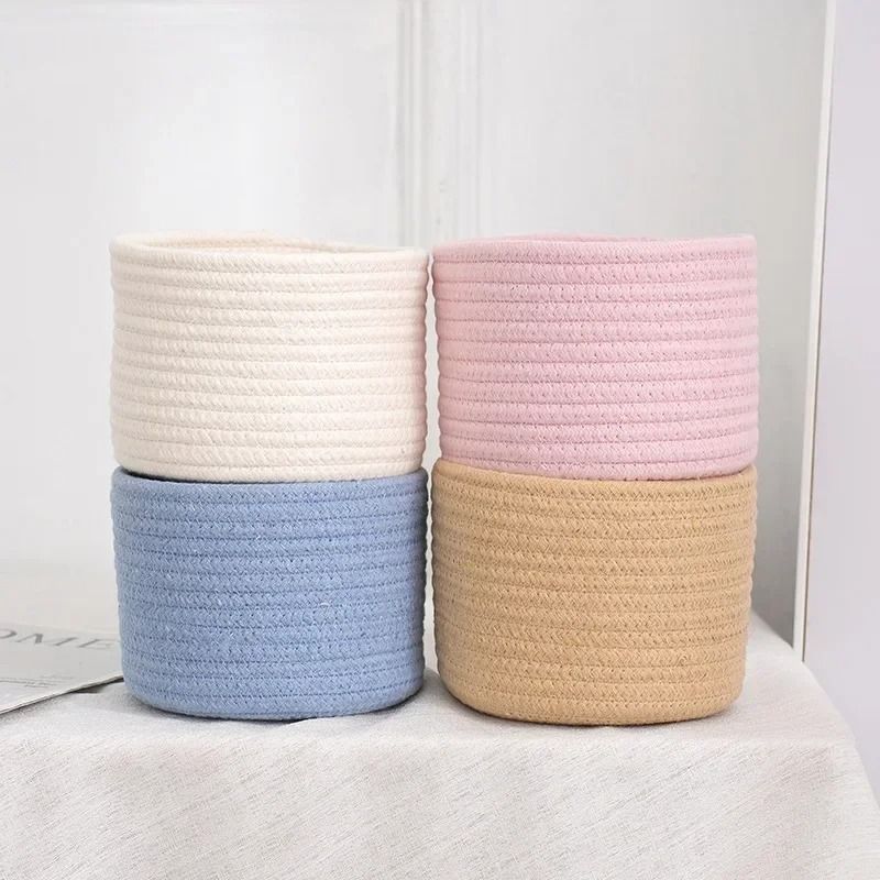 Handmade Cotton Rope Woven Storage Basket Desktop Organizer blue large