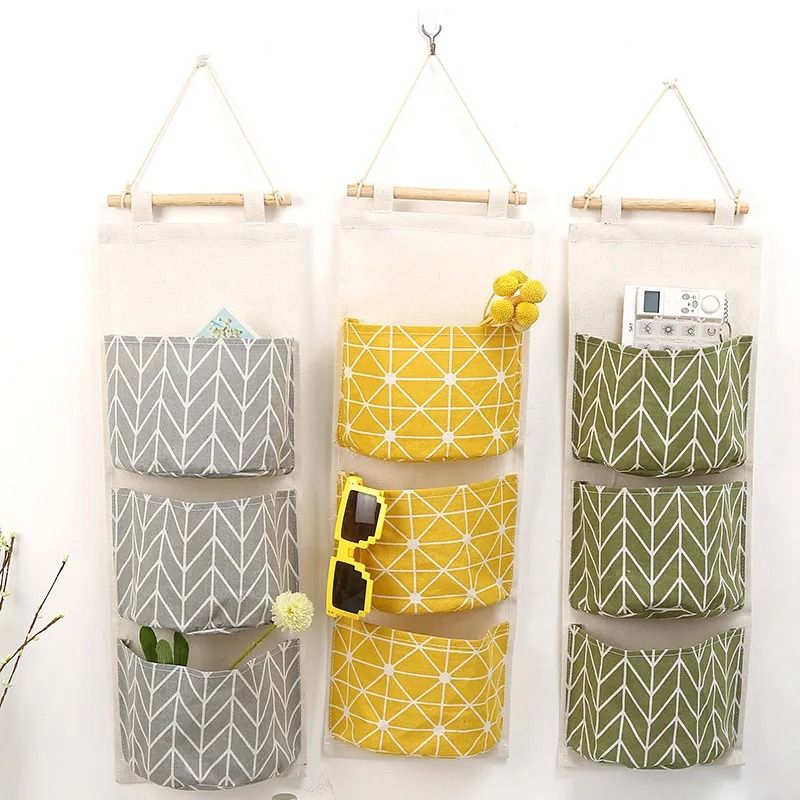3 Pocket Hanging Wall Organizer Cotton Linen Storage Bag For Bedroom Kitchen And Living Room yellow