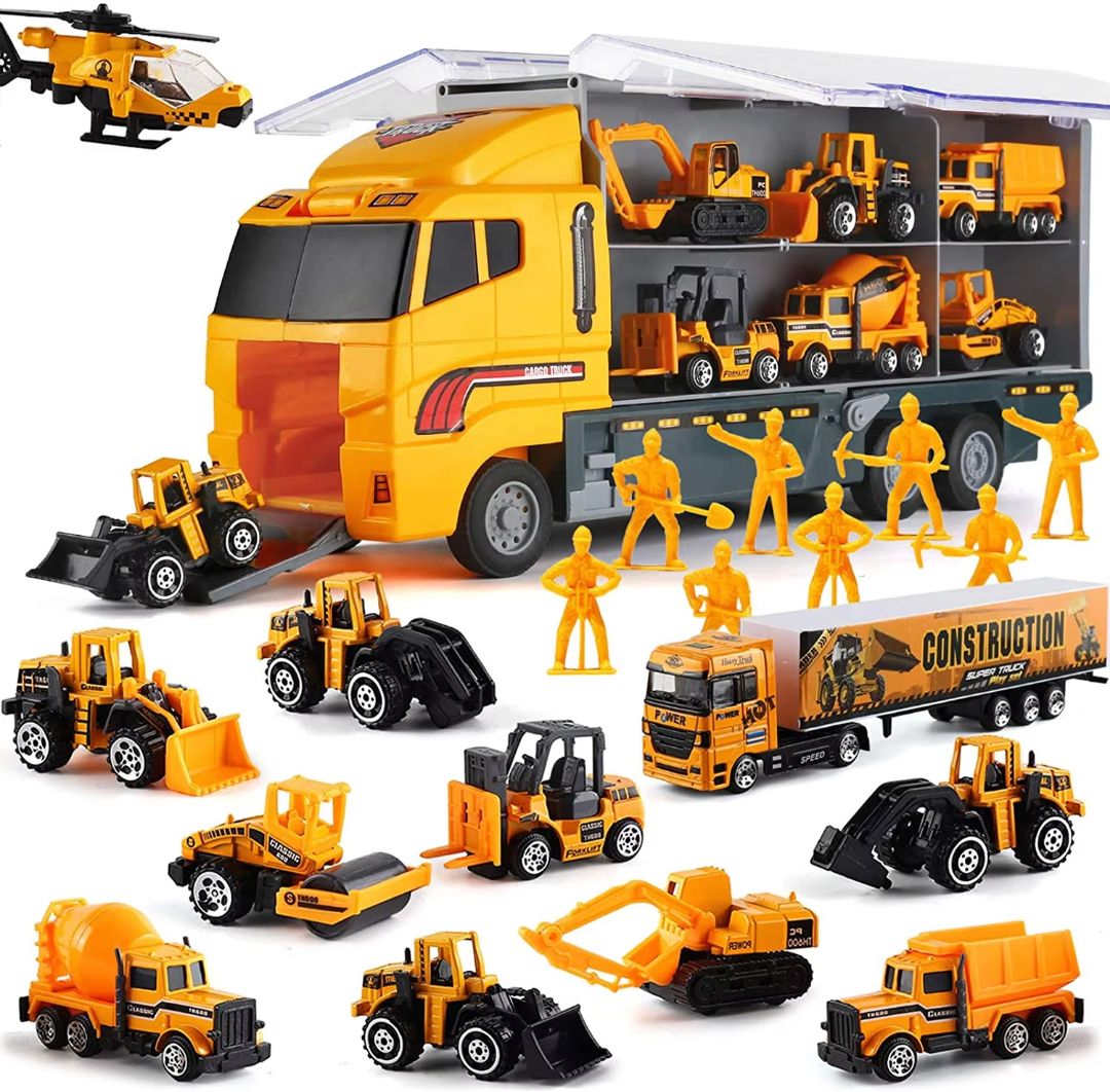 10 in 1 Construction Truck Toy Set With Storage Carrier, Die Cast Construction Vehicles set Of 24 Road Signs