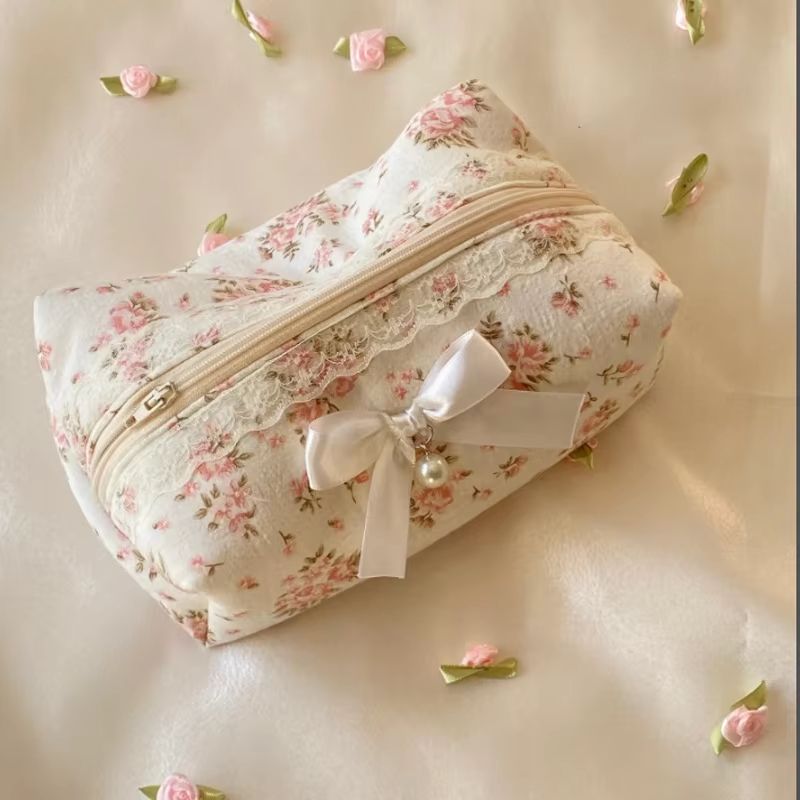 Sweet Women Lace Bow Cosmetic Bag Large Capacity Makeup Organizer And Travel Toiletry Storage Bag With Zipper Sweet Women Lace Bow Cosmetic Bag Large Capacity Makeup Organizer And Travel Toiletry Storage Bag With Zipper