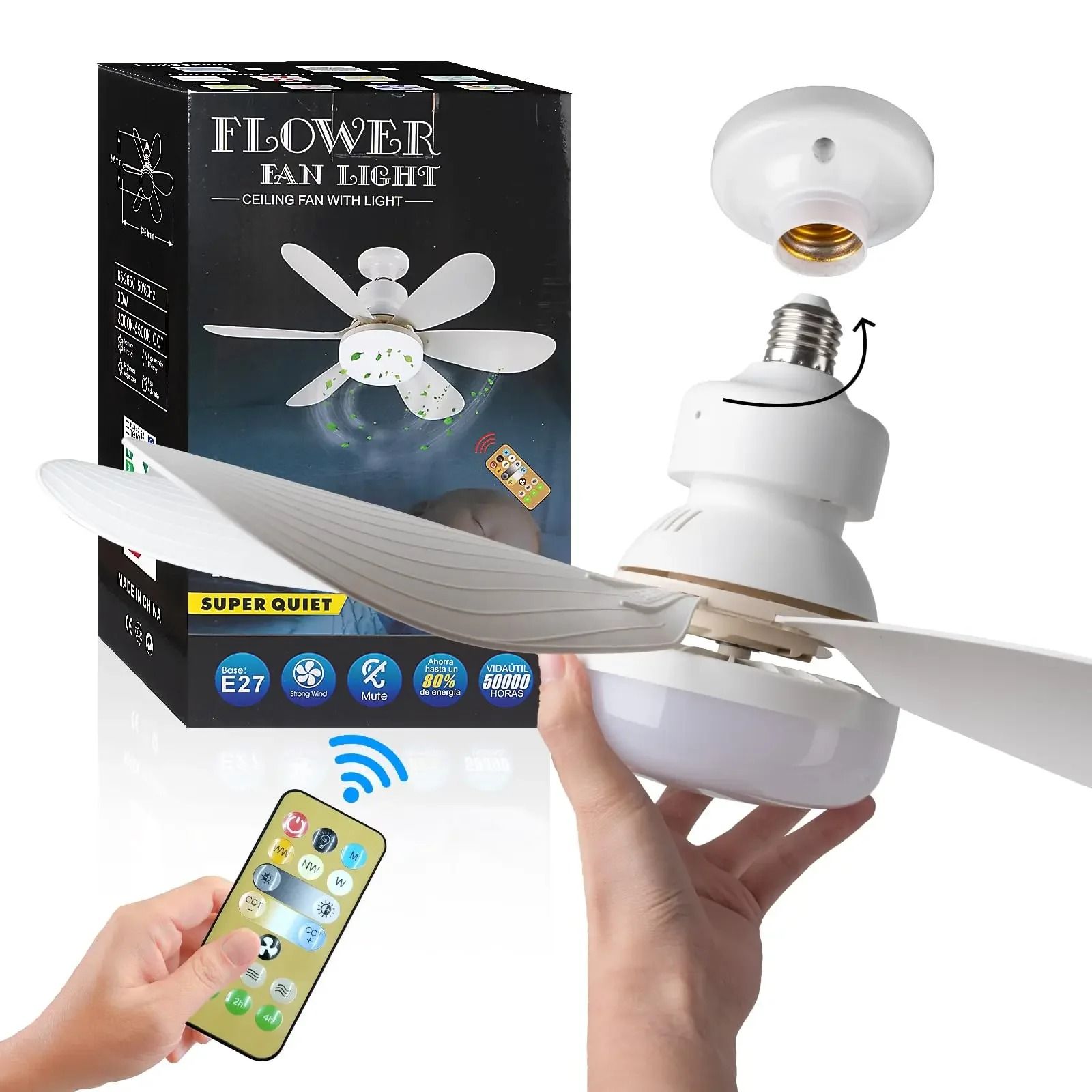 LED 40W Ceiling Fan Light E27 With Remote Control, Dimmable For Living Room And Study white d