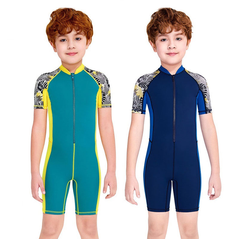 One Piece Quick Drying Boys Swimwear, Summer Children Swimsuits, Kid Short Sleeve Sun Protection 06 14t