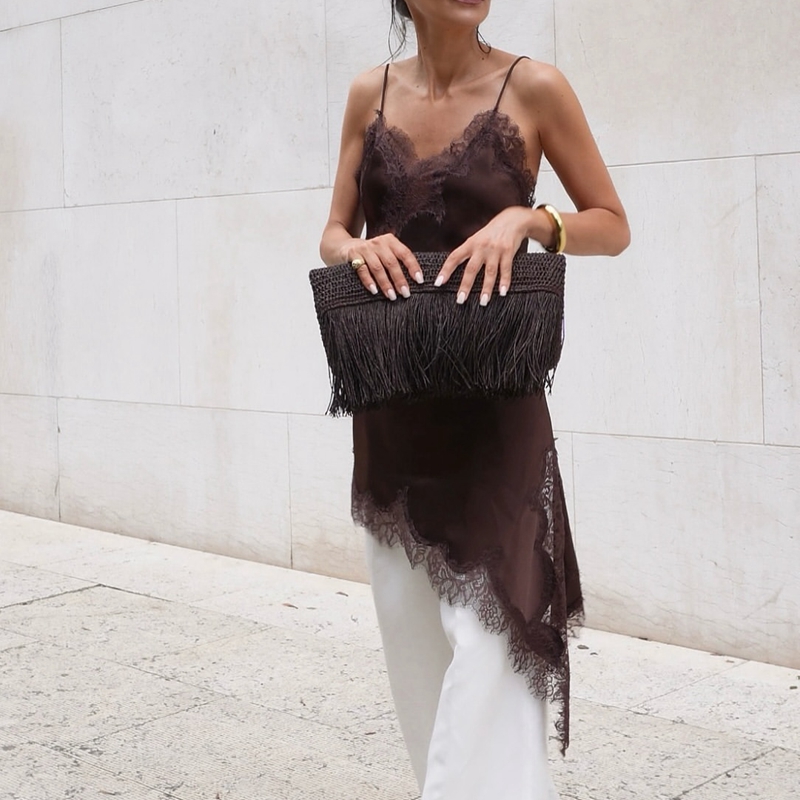 Combhasaki Women Floral Lace Trim Satin High Low Vest, Silk Spaghetti Strap Side Split Asymmetrical Cami, Flowy Silky multi l