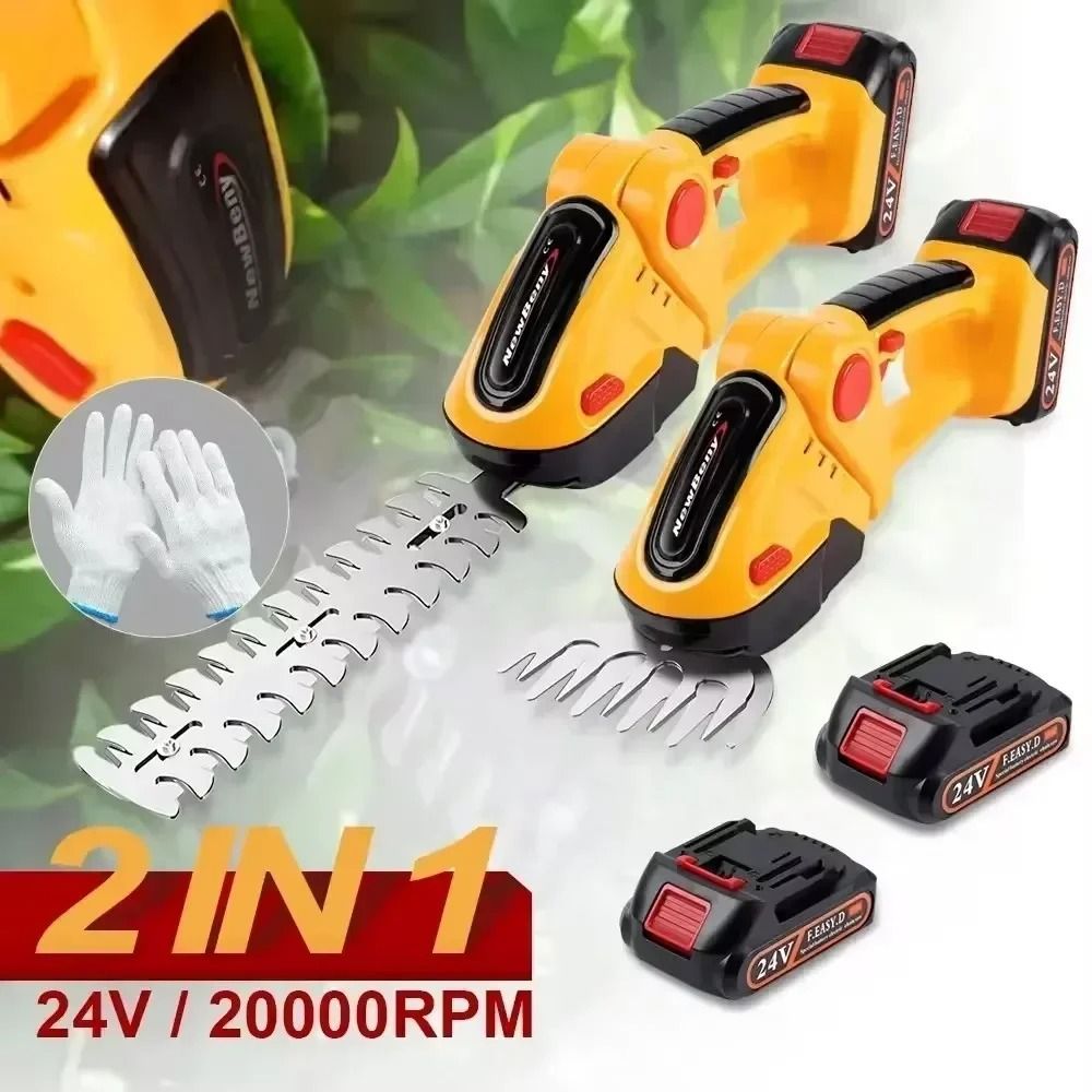 2 In 1 Cordless Electric Hedge Trimmer Rechargeable Handheld Garden Pruning Tool yellow 2 Batteries Eu
