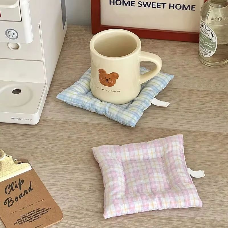 Korean Style Hand Made Cotton Coaster Set Checked Pattern Insulation Pad Table Mat For Home And Kitchen pink 1