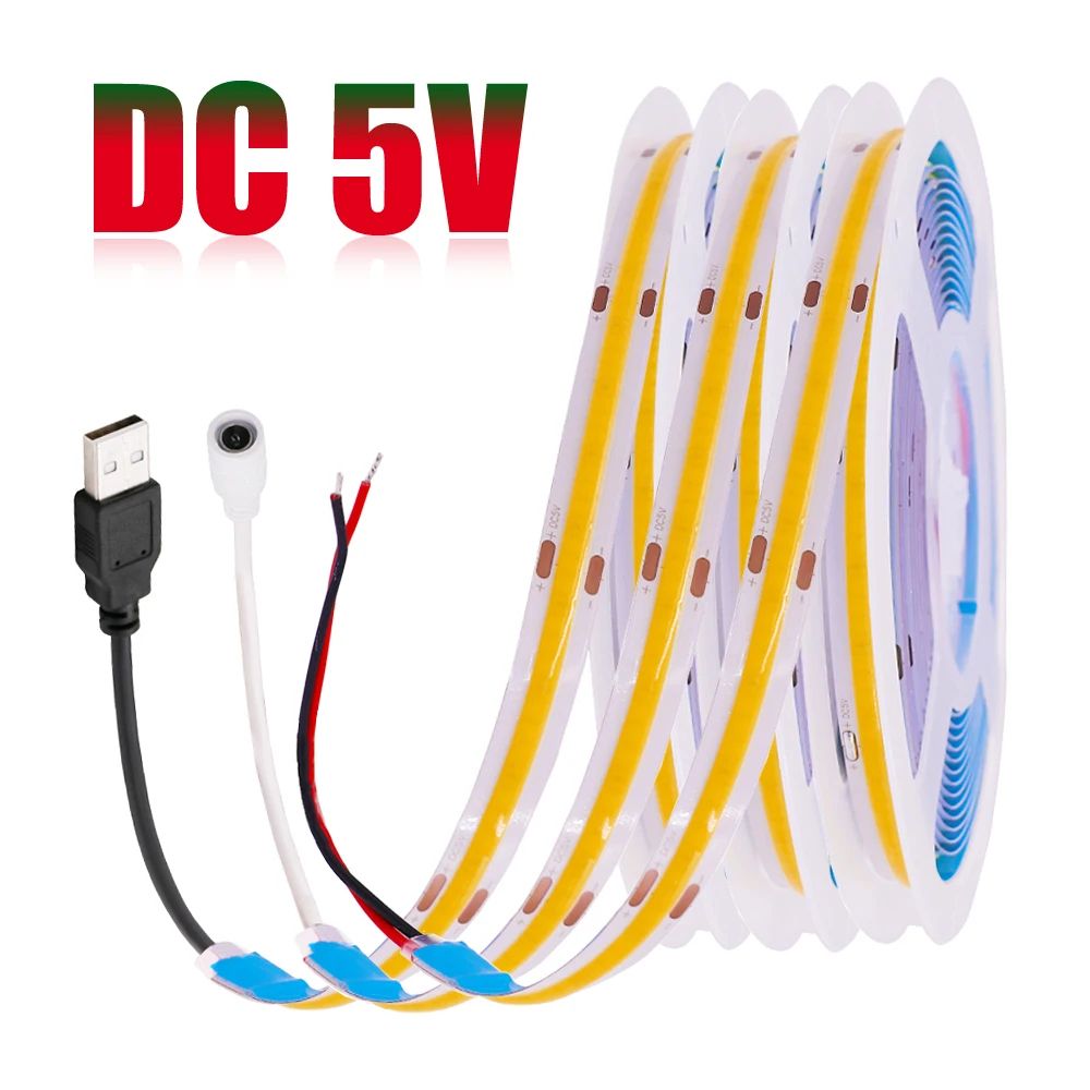 USB COB LED Strip Light 5V High Density Flexible Tape For Ambient Decor Lighting 2 Pin green 4m