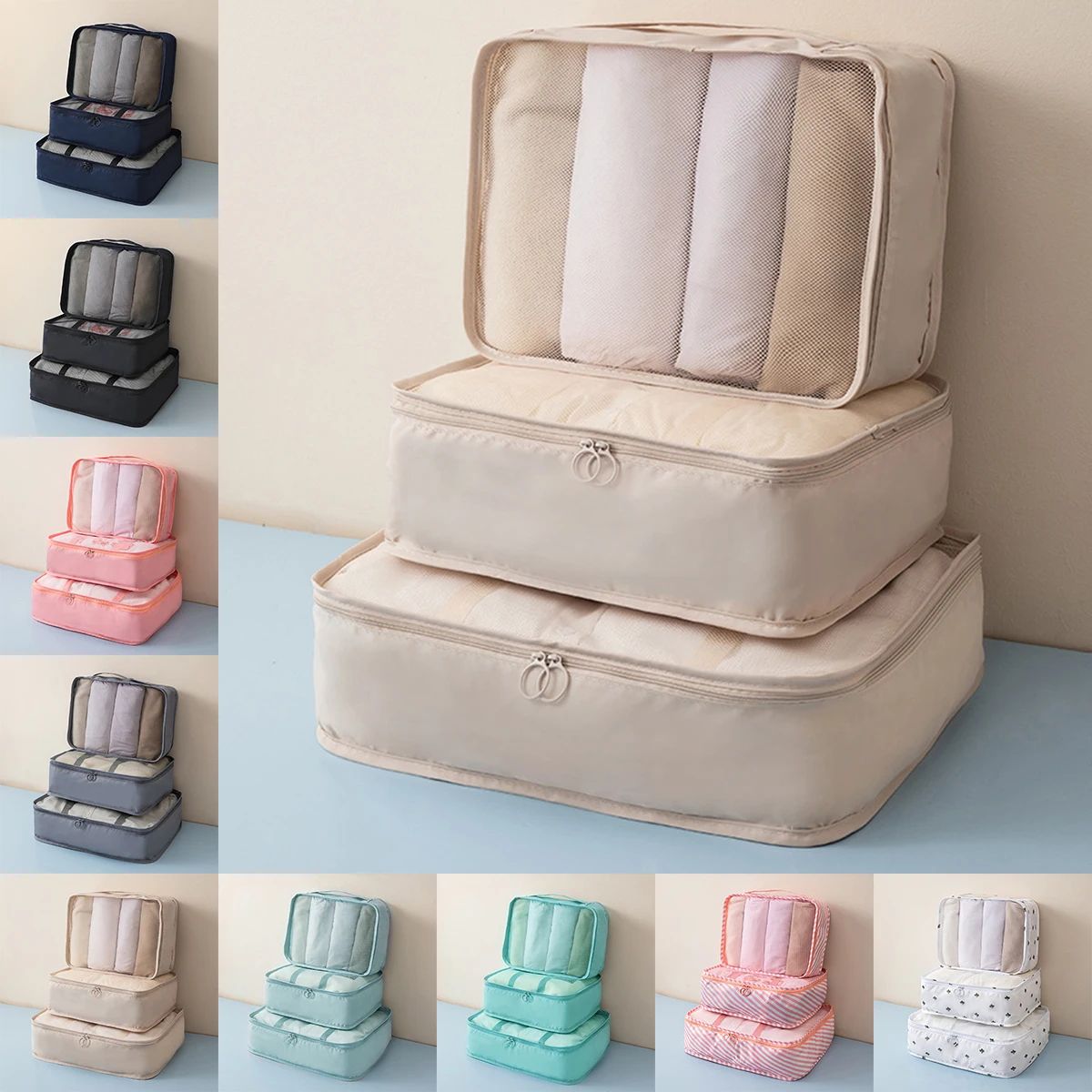 3 Piece Travel Clothing Storage Bag Set pink Stripes