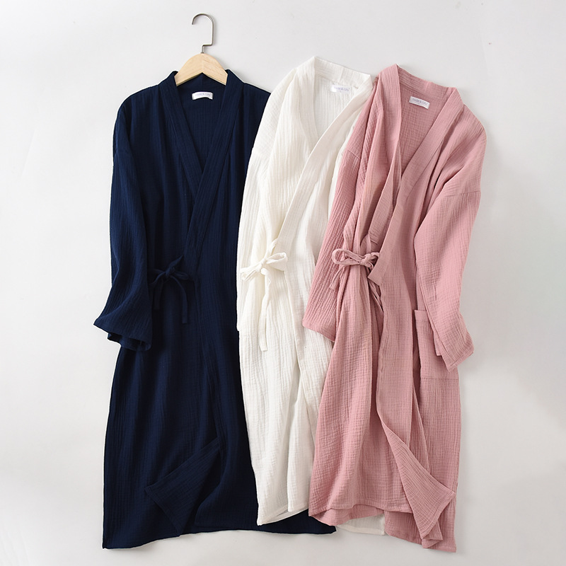 Japanese Robe For Couples, New Spring And Autumn Cotton Crepe Bathrobe, Men And Women Sleepwear pink xxl