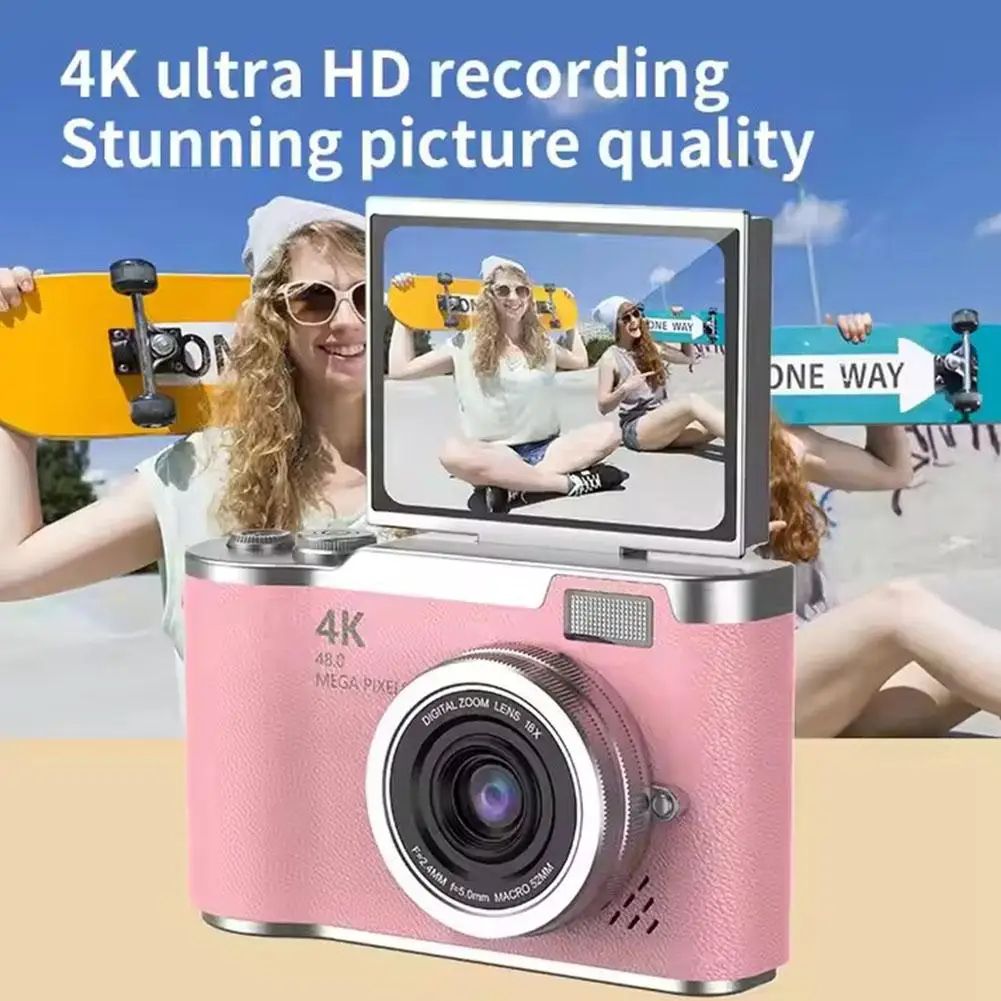 UltraView 4K FlipScreen Digital Camera 48MP Compact Travel & Selfie Camera white