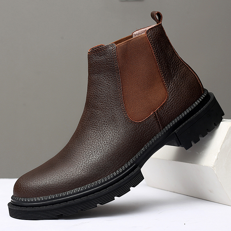 High Quality Genuine Leather Men Chelsea Boots, Slip On Casual Footwear, Vintage Ankle Boots black with Fur 37