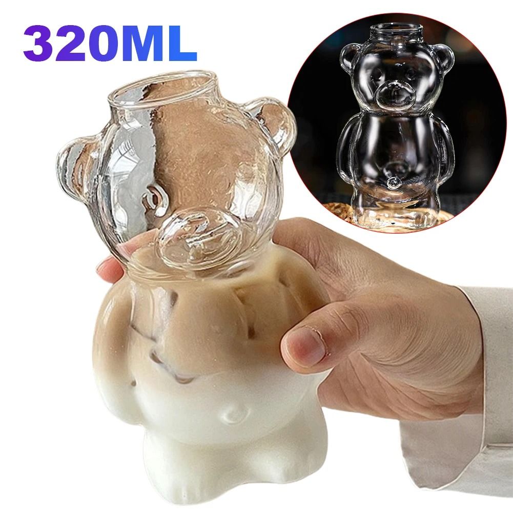 Cute Bear Shaped Glass Cup Coffee Mug For Daily Drinks And Gifts no Straw