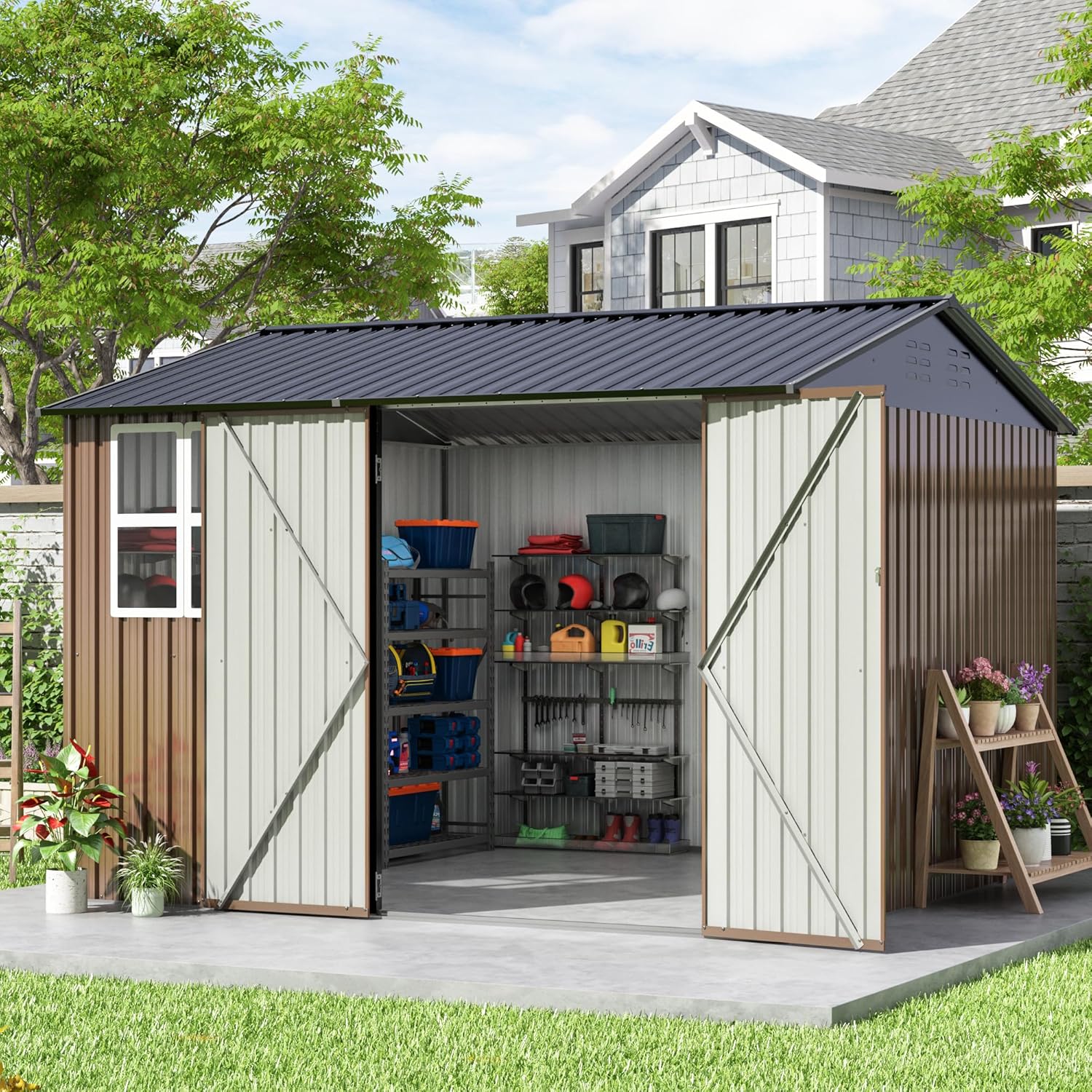 Large Metal Tool Shed, Outdoor Storage Shed With Lockable Doors And Updated Frame Structure Large Metal Tool Shed, Outdoor Storage Shed With Lockable Doors And Updated Frame Structure