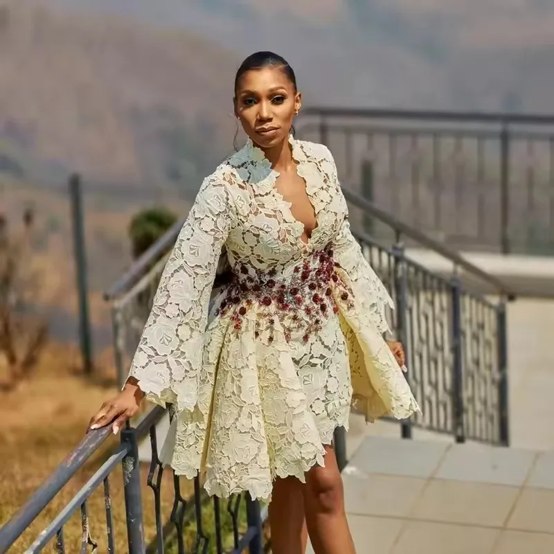 Beautiful 3D Lace Short Party Dresses Flare Sleeves Beige Beading Cocktail Gowns Women Birthday Formal Dress