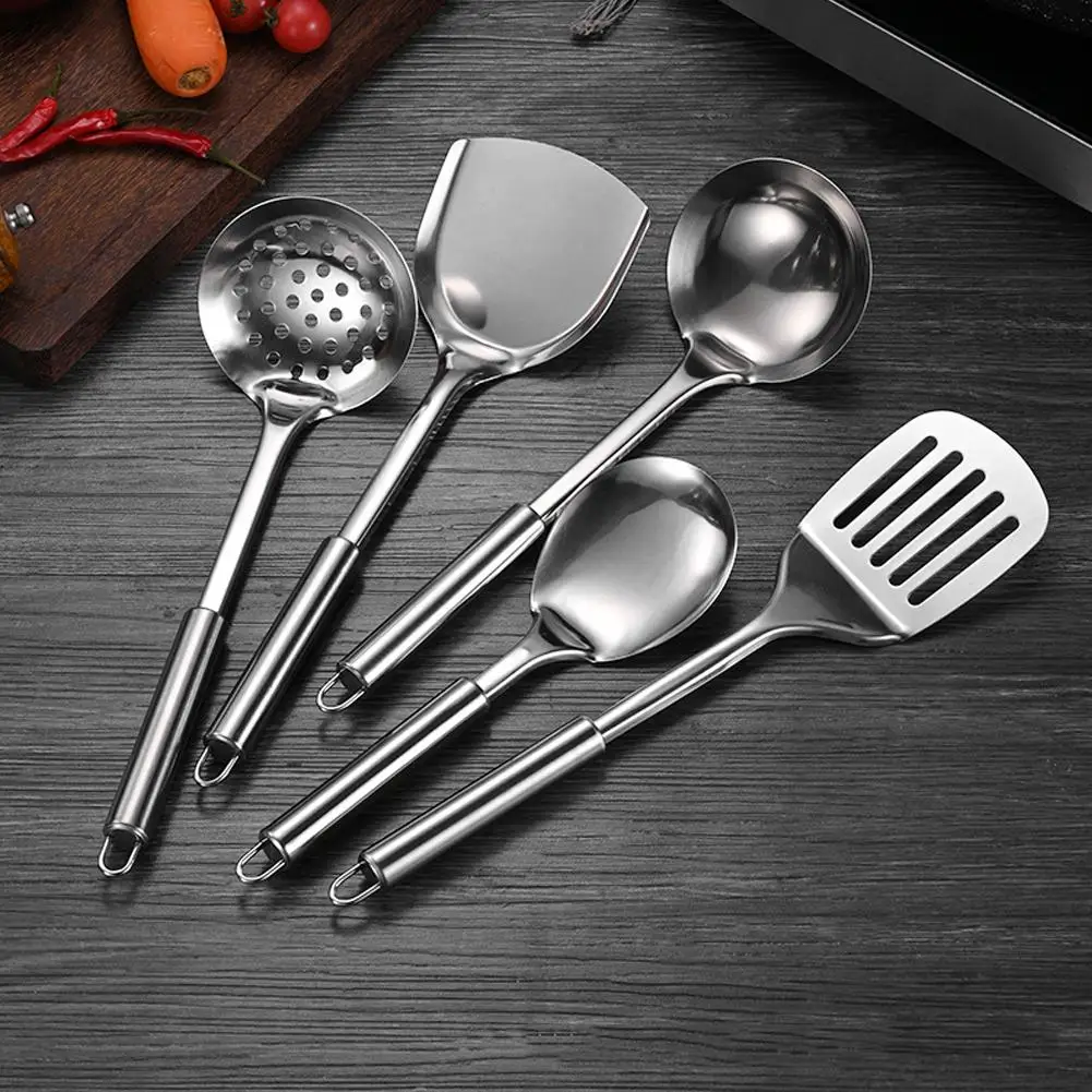 Spatule pratique en acier inoxydable, ensemble d'ustensiles de cuisine, outil de cuisine, tourneur fendu, cuillère à riz, louche, outils de cuisine, 5 pièces/ensemble