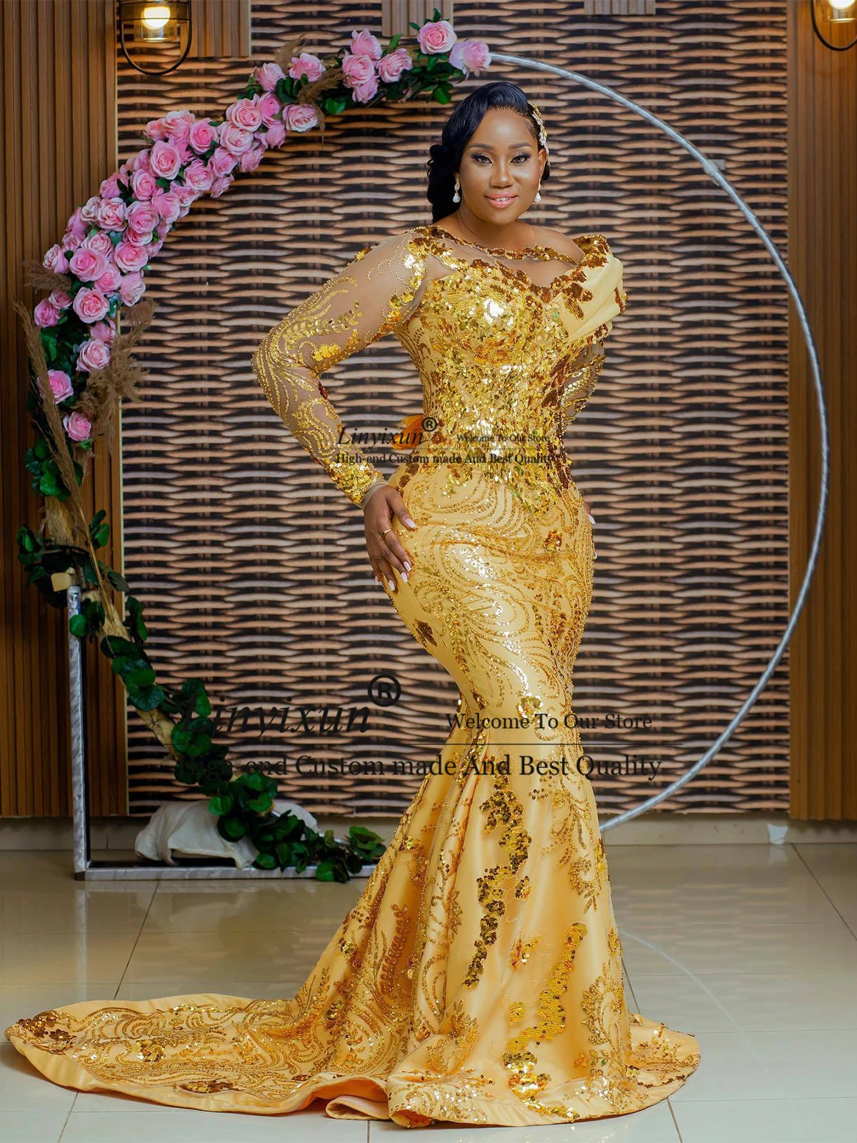 Exquisite Gold Lace Africa Mermaid Prom Dress Customized O-Neck Long Sleeves Sequine Evening Gowns Sweep Train Vestidos De Noche